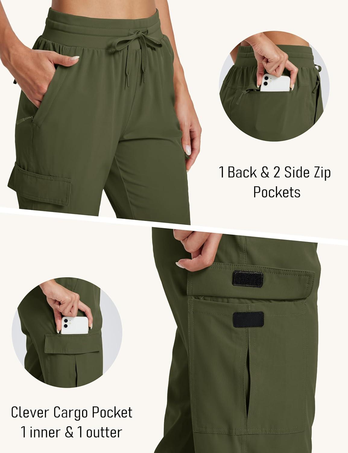 imageMAGCOMSEN Womens Cargo Joggers Lightweight Quick Dry Hiking Pants UPF 50 Athletic Workout Travel Joggers Zipper PocketsArmy Green