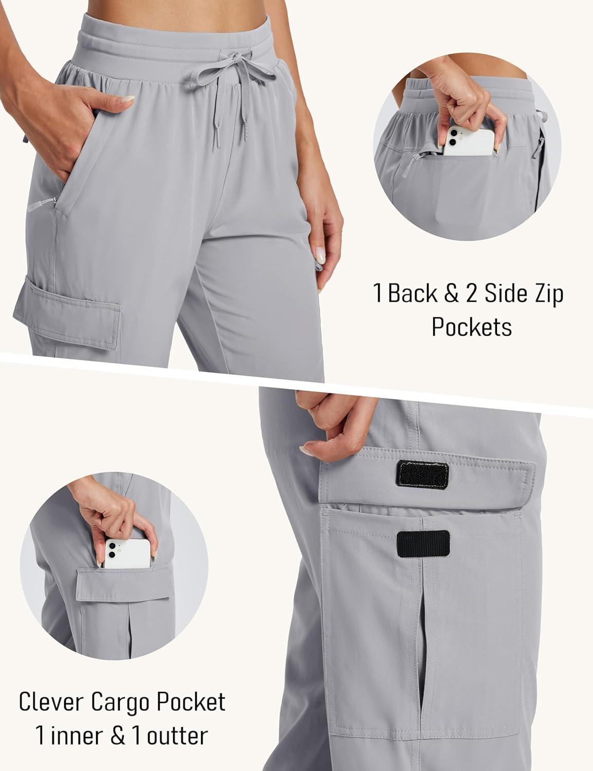 imageMAGCOMSEN Womens Cargo Joggers Lightweight Quick Dry Hiking Pants UPF 50 Athletic Workout Travel Joggers Zipper PocketsLight Gray
