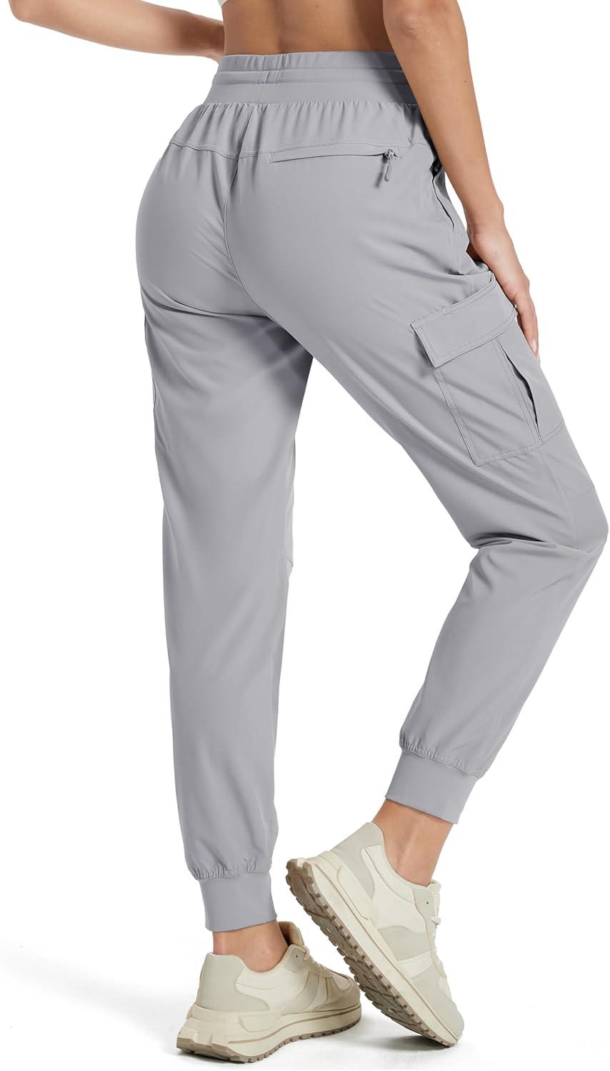 imageMAGCOMSEN Womens Cargo Joggers Lightweight Quick Dry Hiking Pants UPF 50 Athletic Workout Travel Joggers Zipper PocketsLight Gray