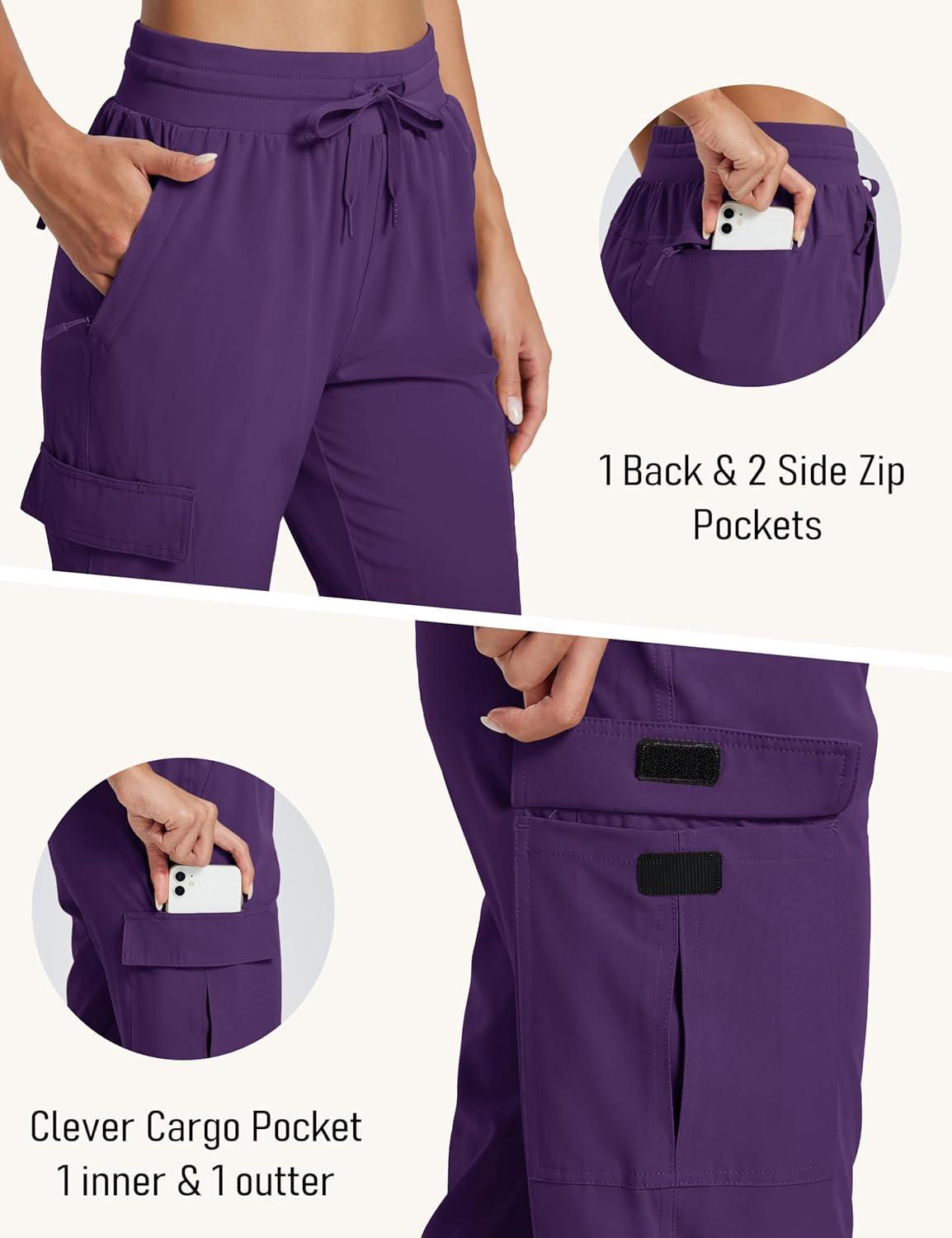 imageMAGCOMSEN Womens Cargo Joggers Lightweight Quick Dry Hiking Pants UPF 50 Athletic Workout Travel Joggers Zipper PocketsPurplishred