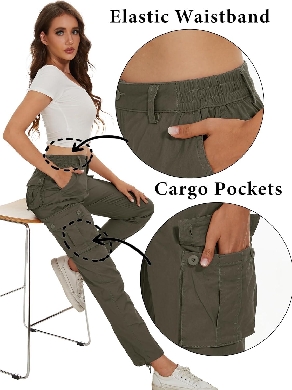 imageMAGCOMSEN Womens Cargo Pants 6 Pockets Cotton Work Pants Casual Stylish Elastic Waistband Military TrousersArmy Green