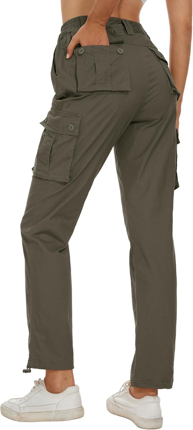 imageMAGCOMSEN Womens Cargo Pants 6 Pockets Cotton Work Pants Casual Stylish Elastic Waistband Military TrousersArmy Green