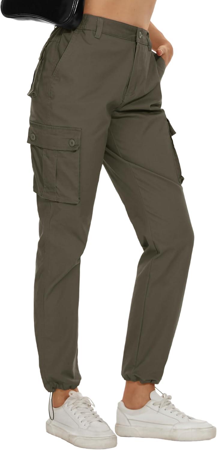 imageMAGCOMSEN Womens Cargo Pants 6 Pockets Cotton Work Pants Casual Stylish Elastic Waistband Military TrousersArmy Green