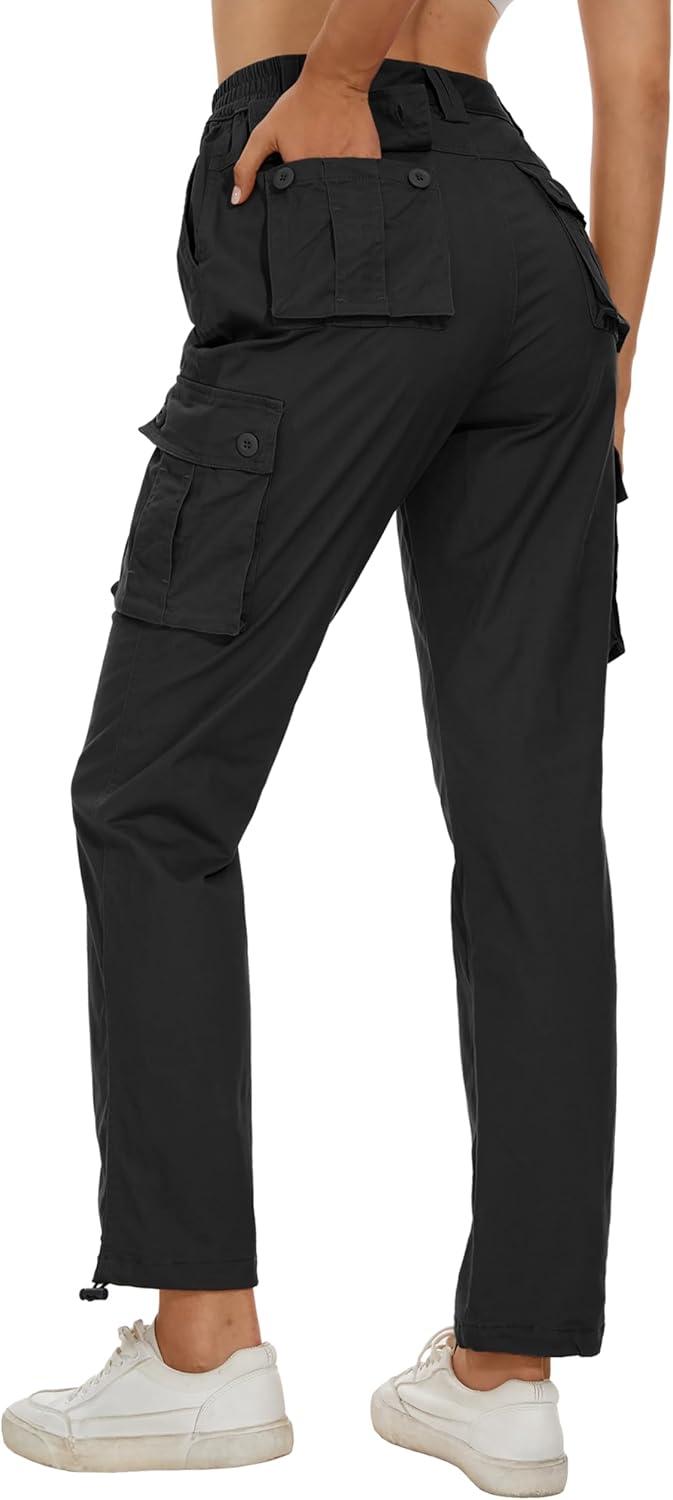 imageMAGCOMSEN Womens Cargo Pants 6 Pockets Cotton Work Pants Casual Stylish Elastic Waistband Military TrousersBlack