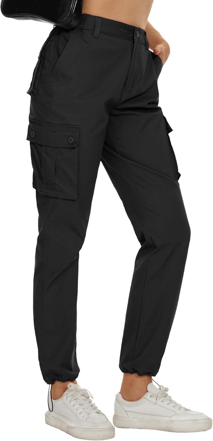 imageMAGCOMSEN Womens Cargo Pants 6 Pockets Cotton Work Pants Casual Stylish Elastic Waistband Military TrousersBlack
