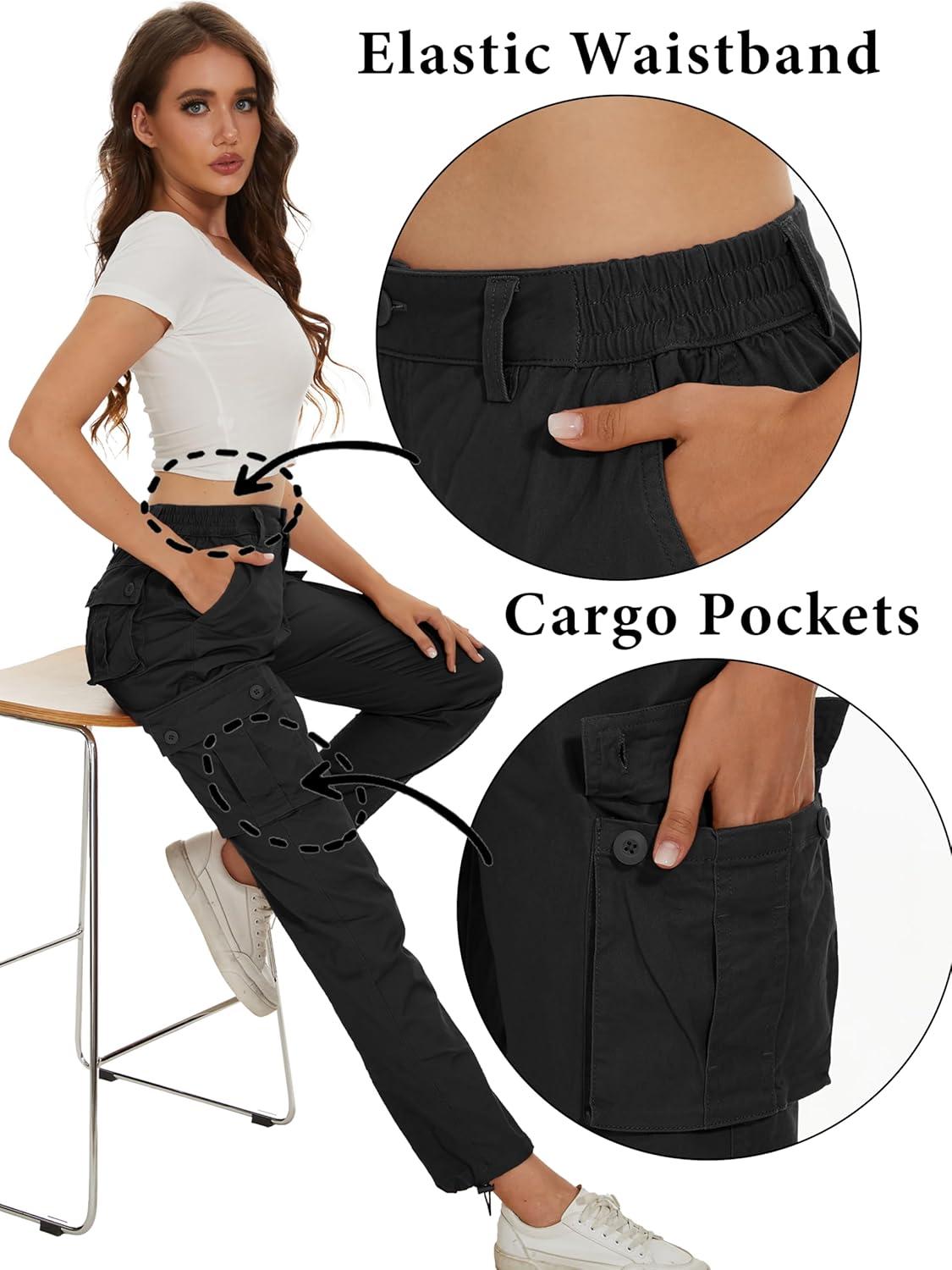 imageMAGCOMSEN Womens Cargo Pants 6 Pockets Cotton Work Pants Casual Stylish Elastic Waistband Military TrousersBlack