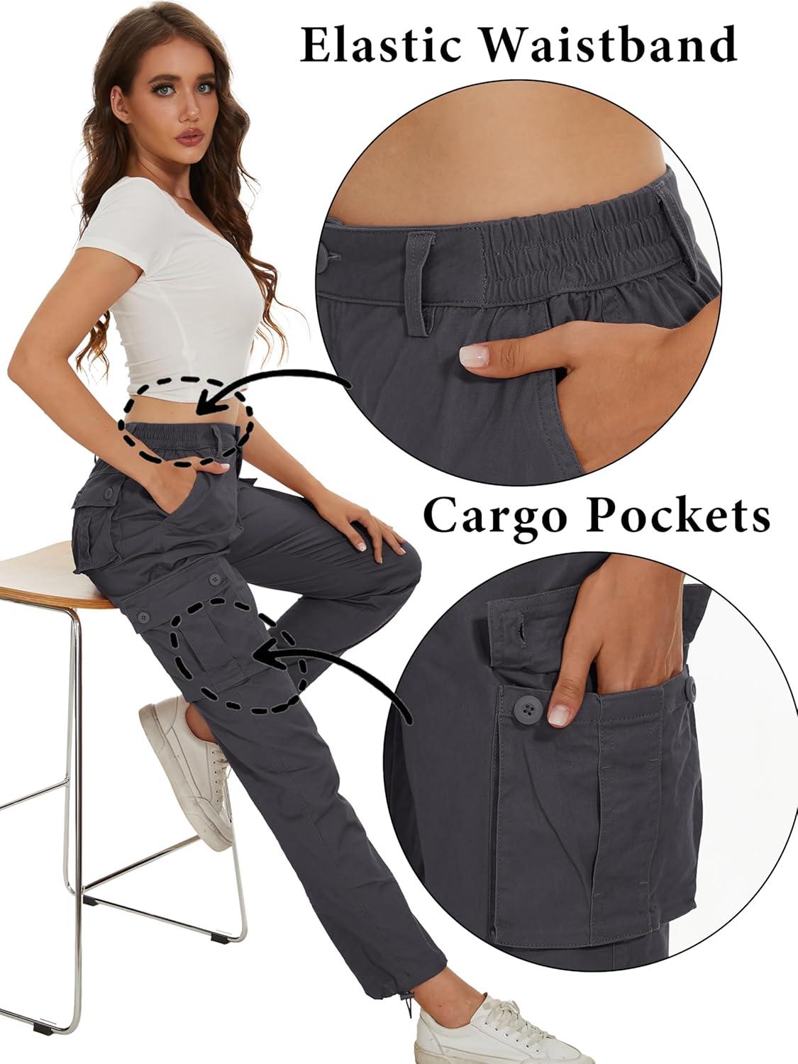 imageMAGCOMSEN Womens Cargo Pants 6 Pockets Cotton Work Pants Casual Stylish Elastic Waistband Military TrousersDark Grey