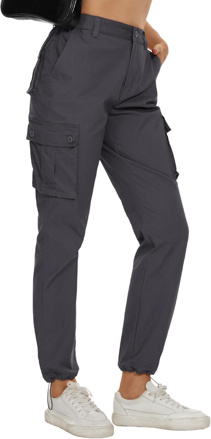 imageMAGCOMSEN Womens Cargo Pants 6 Pockets Cotton Work Pants Casual Stylish Elastic Waistband Military TrousersDark Grey