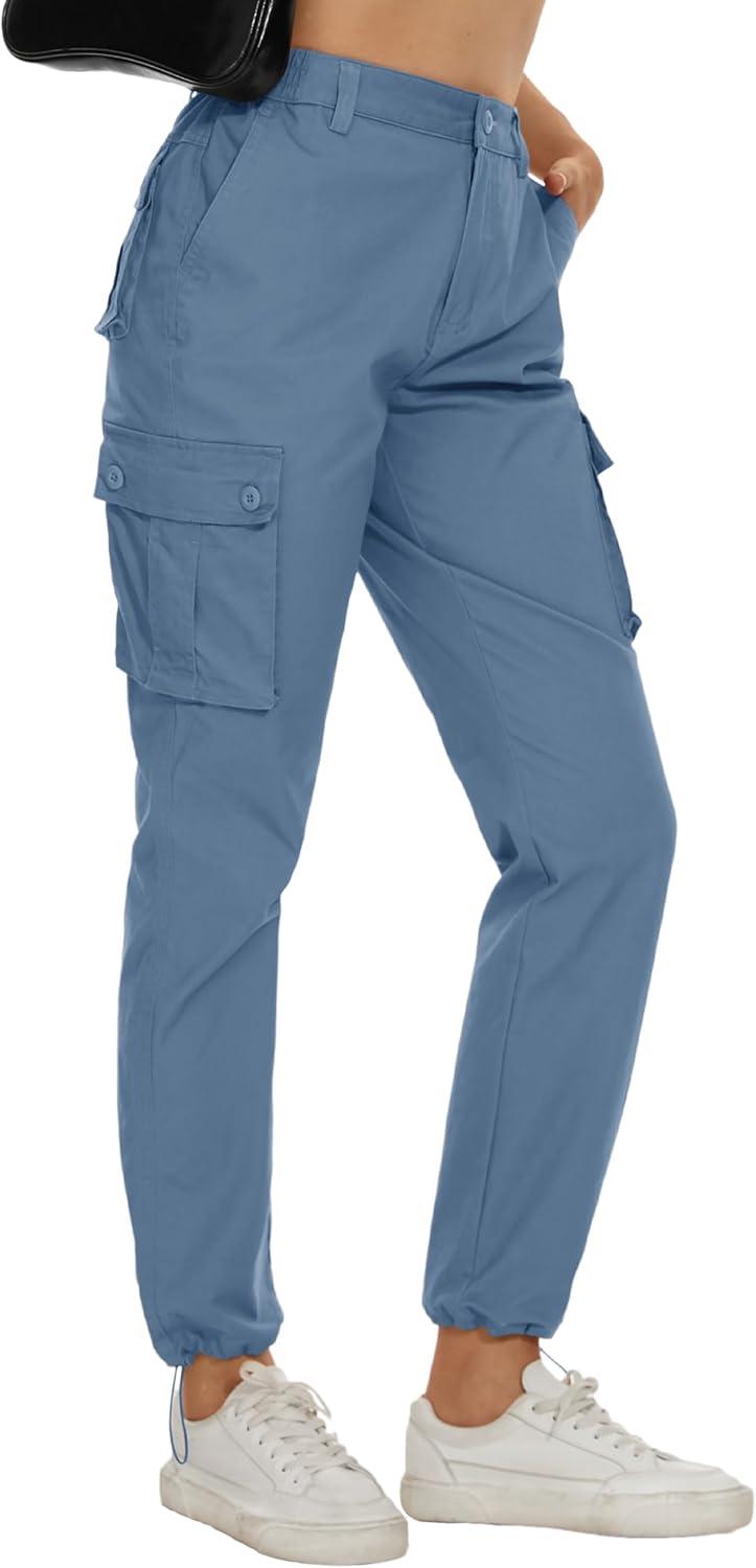 imageMAGCOMSEN Womens Cargo Pants 6 Pockets Cotton Work Pants Casual Stylish Elastic Waistband Military TrousersLight Blue