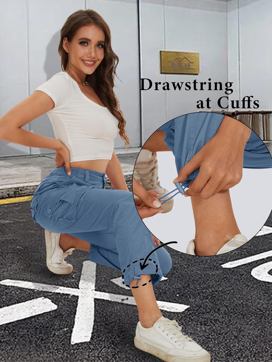 imageMAGCOMSEN Womens Cargo Pants 6 Pockets Cotton Work Pants Casual Stylish Elastic Waistband Military TrousersLight Blue