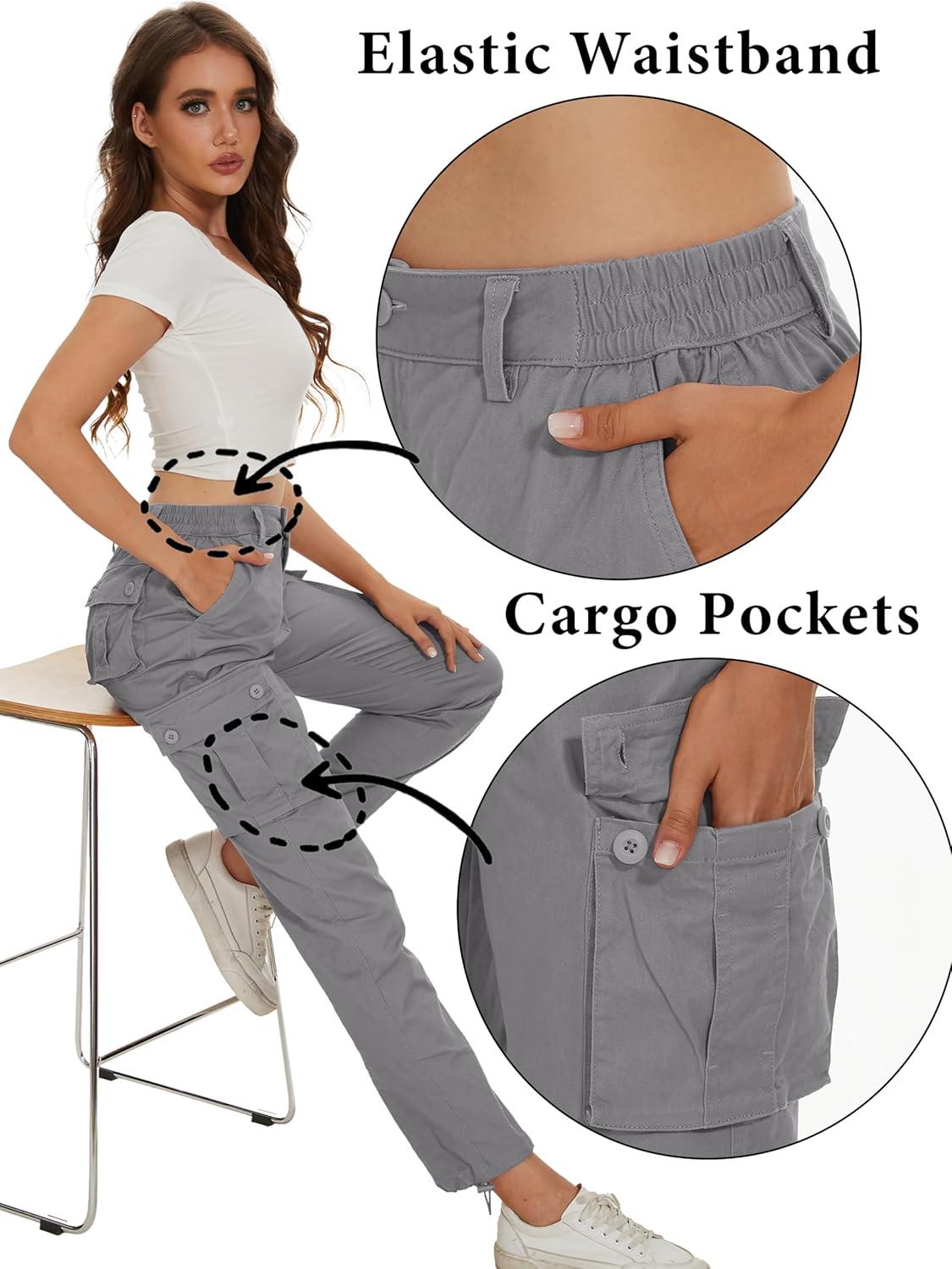 imageMAGCOMSEN Womens Cargo Pants 6 Pockets Cotton Work Pants Casual Stylish Elastic Waistband Military TrousersLight Grey