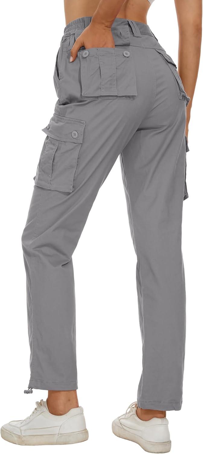 imageMAGCOMSEN Womens Cargo Pants 6 Pockets Cotton Work Pants Casual Stylish Elastic Waistband Military TrousersLight Grey