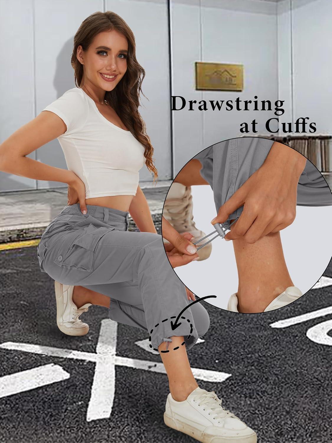 imageMAGCOMSEN Womens Cargo Pants 6 Pockets Cotton Work Pants Casual Stylish Elastic Waistband Military TrousersLight Grey