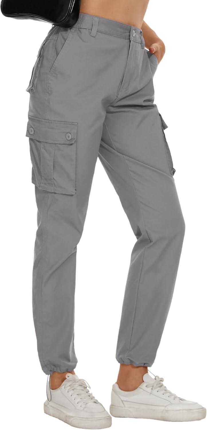 imageMAGCOMSEN Womens Cargo Pants 6 Pockets Cotton Work Pants Casual Stylish Elastic Waistband Military TrousersLight Grey