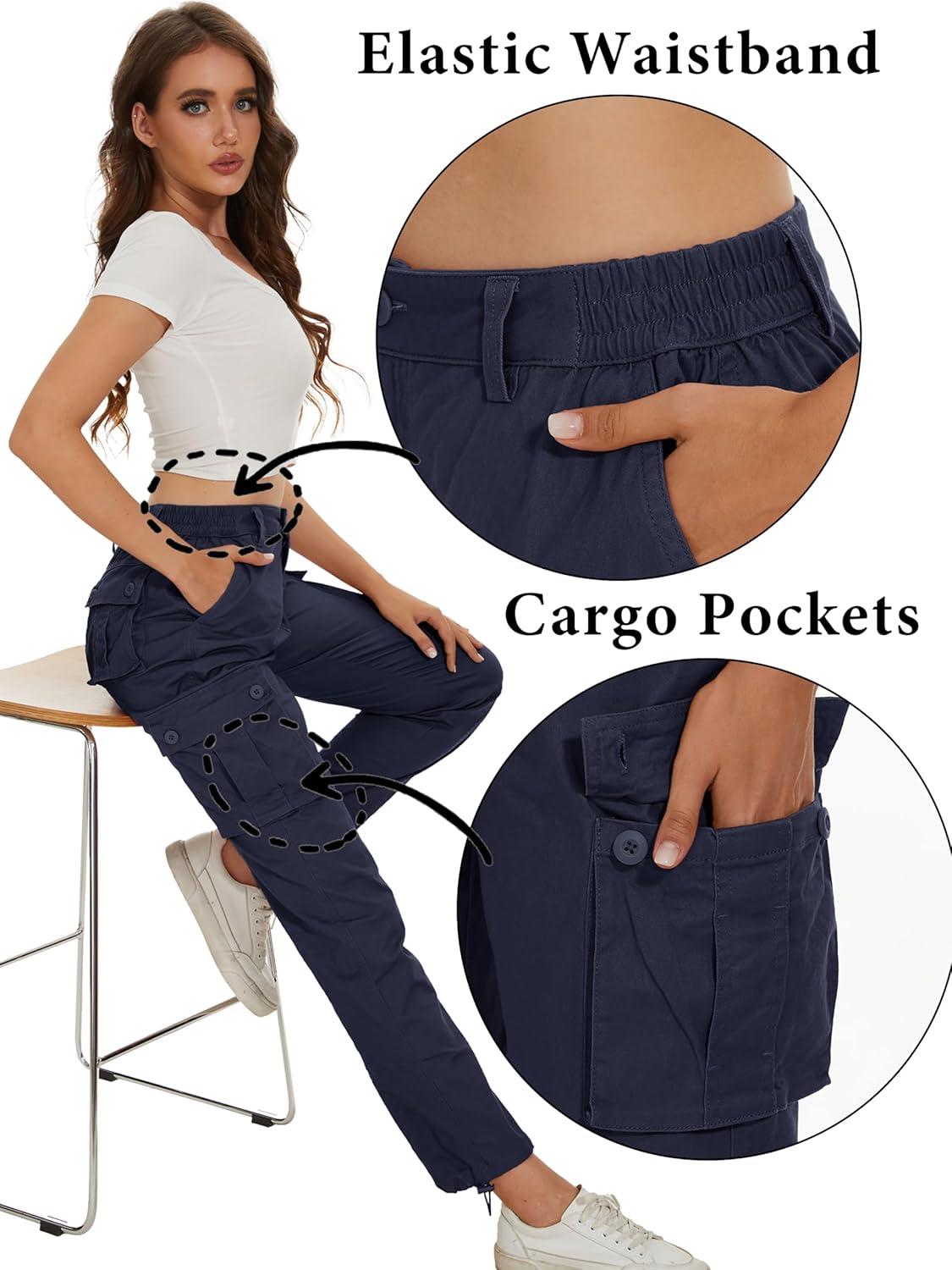 imageMAGCOMSEN Womens Cargo Pants 6 Pockets Cotton Work Pants Casual Stylish Elastic Waistband Military TrousersNavy