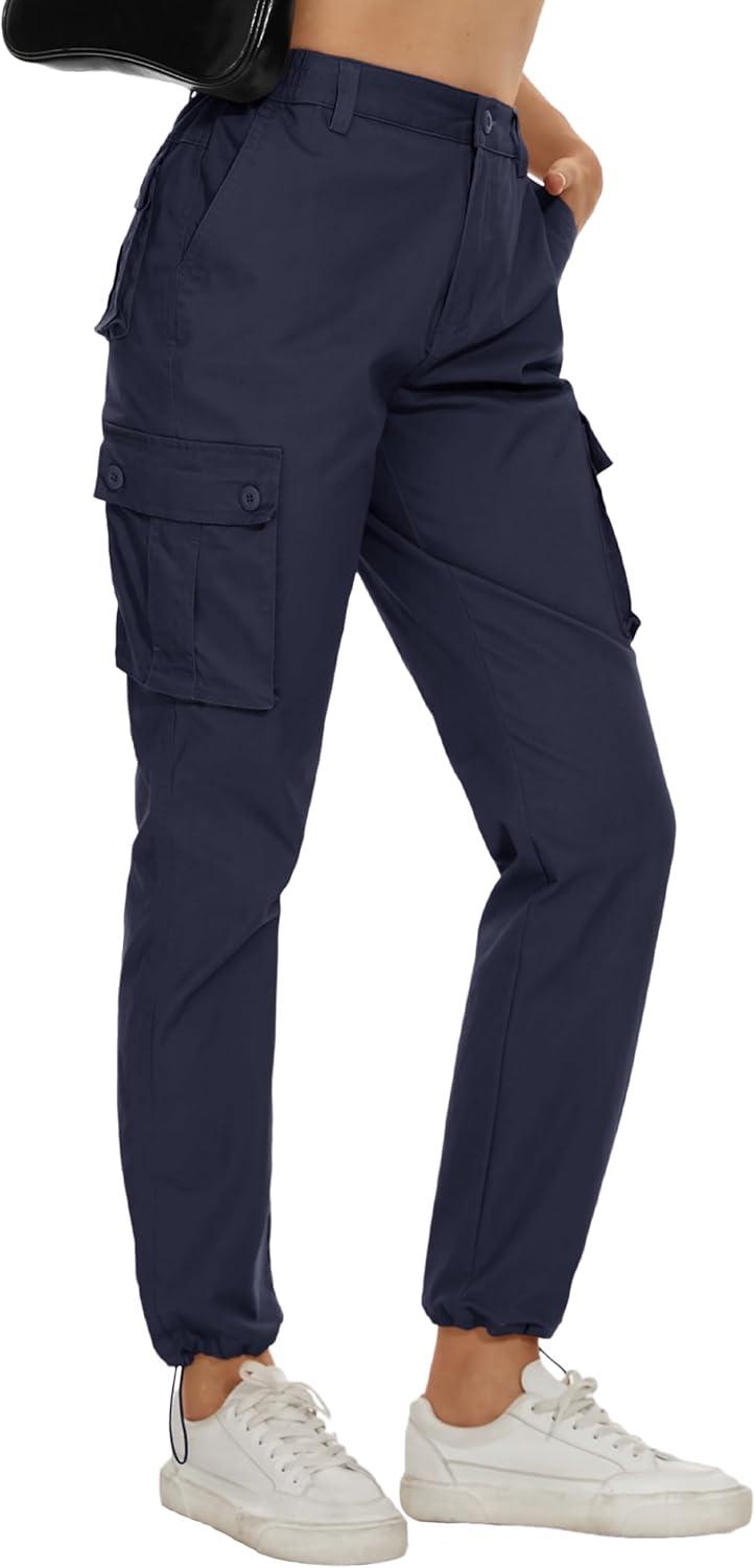 imageMAGCOMSEN Womens Cargo Pants 6 Pockets Cotton Work Pants Casual Stylish Elastic Waistband Military TrousersNavy