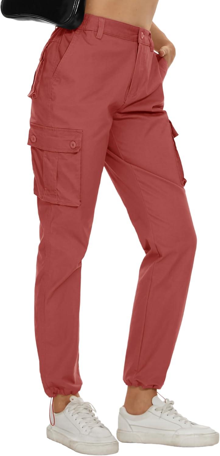 imageMAGCOMSEN Womens Cargo Pants 6 Pockets Cotton Work Pants Casual Stylish Elastic Waistband Military TrousersRed
