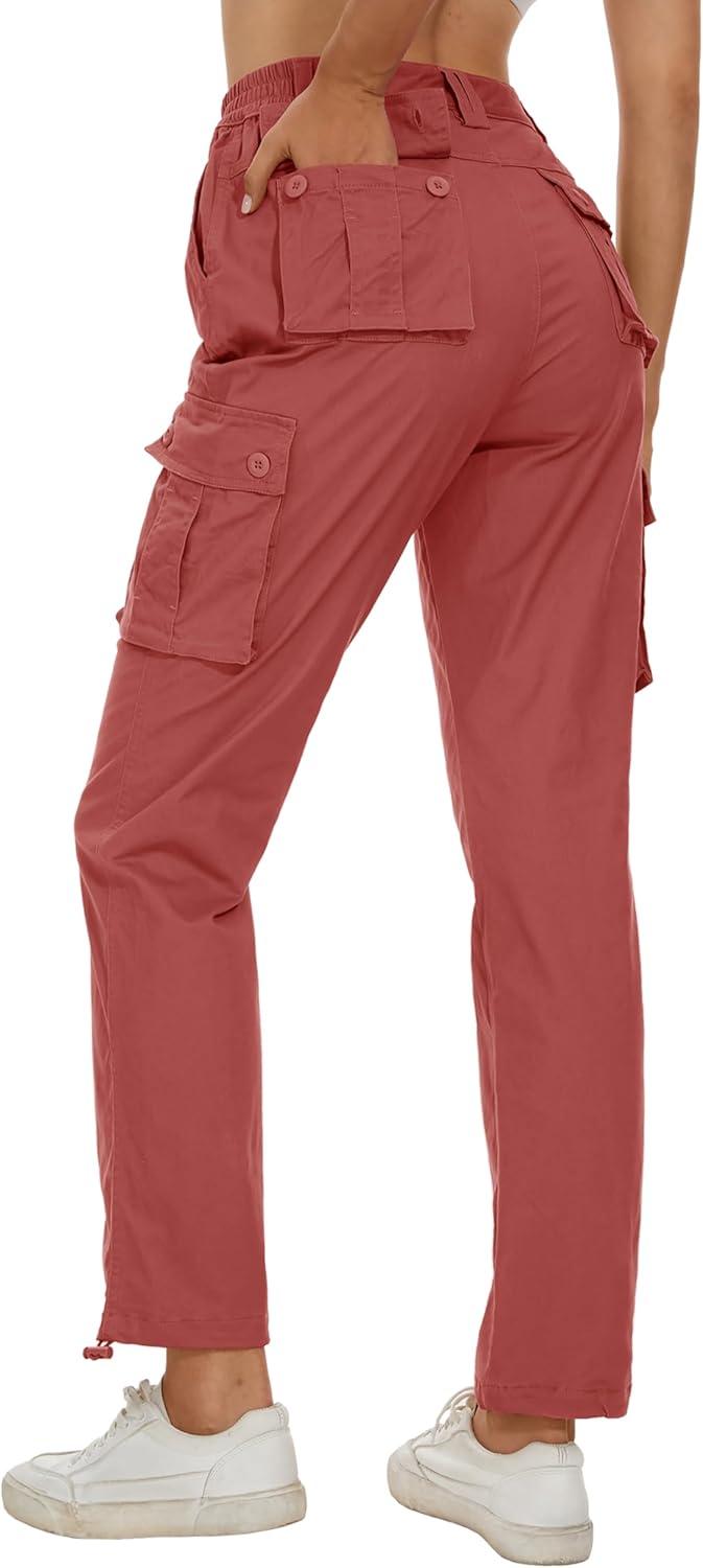 imageMAGCOMSEN Womens Cargo Pants 6 Pockets Cotton Work Pants Casual Stylish Elastic Waistband Military TrousersRed