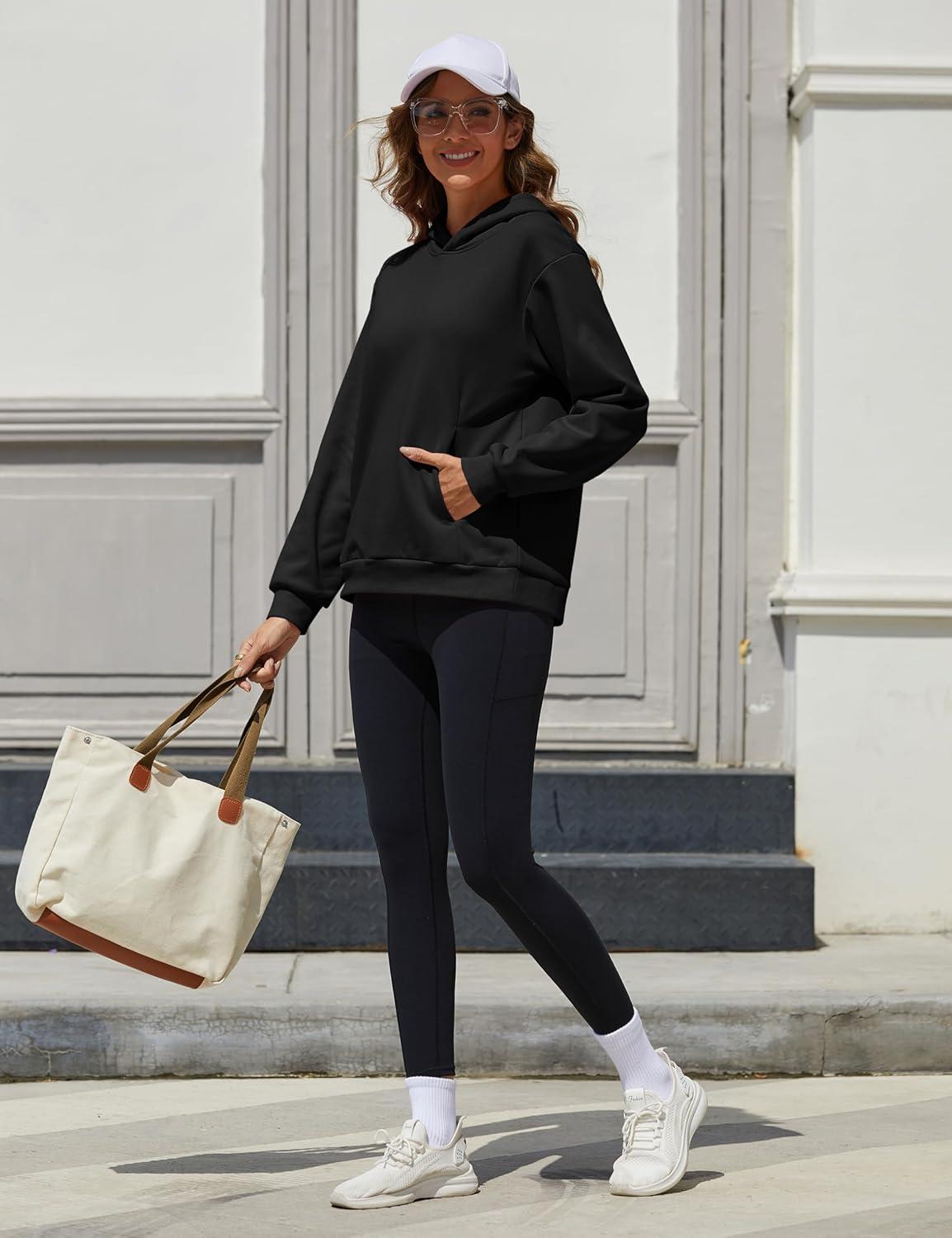 imageMAGCOMSEN Womens Fleece Hoodie Pullover Warm Long Sleeve Shirts Hooded Sweatshirt with Pockets Casual Loose FitBlack