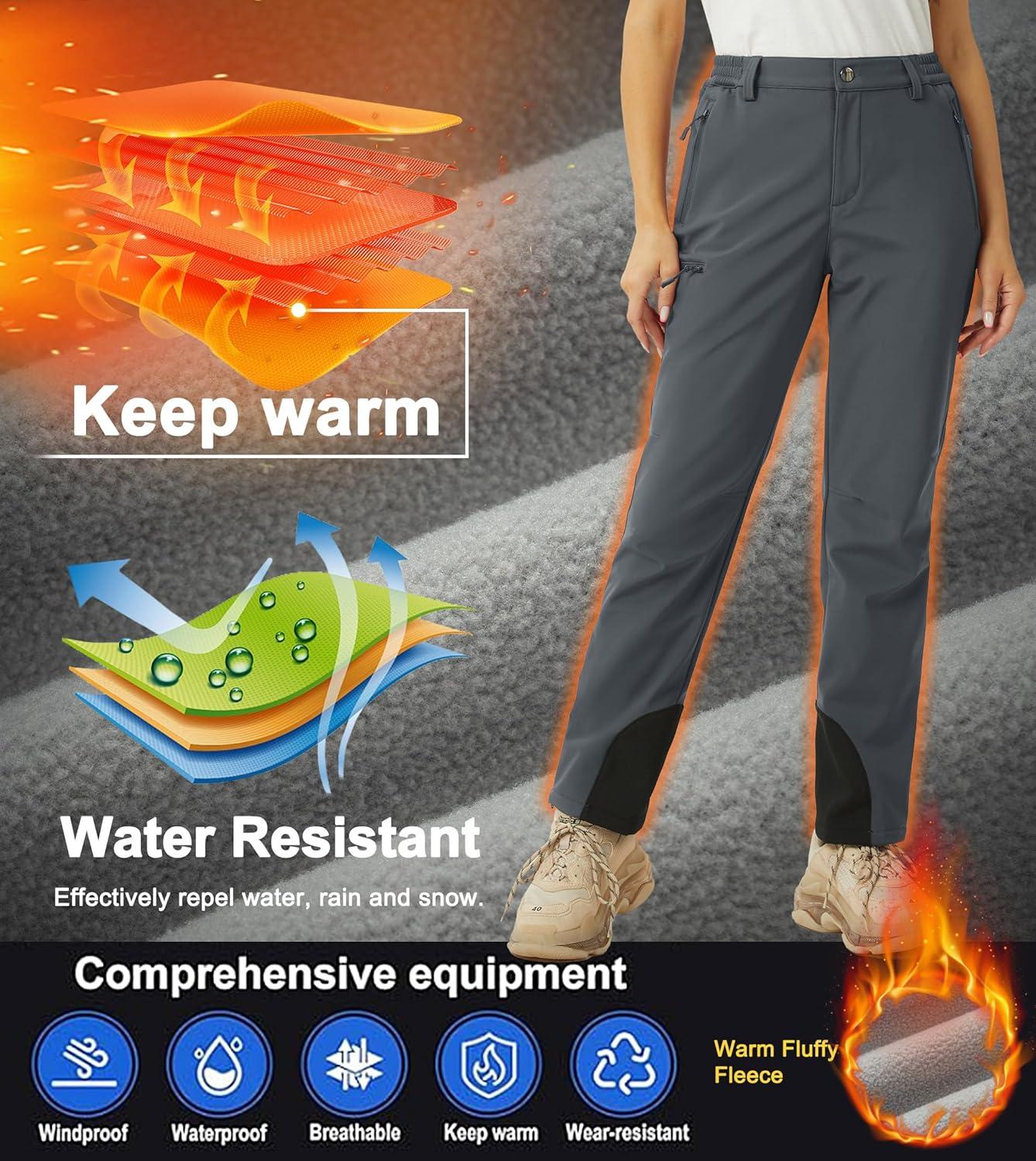 imageMAGCOMSEN Womens Fleece Lined Winter Hiking Pants Waterproof Insulated Ski Snow Pants Outdoor Hunting Softshell PantsDark Grey