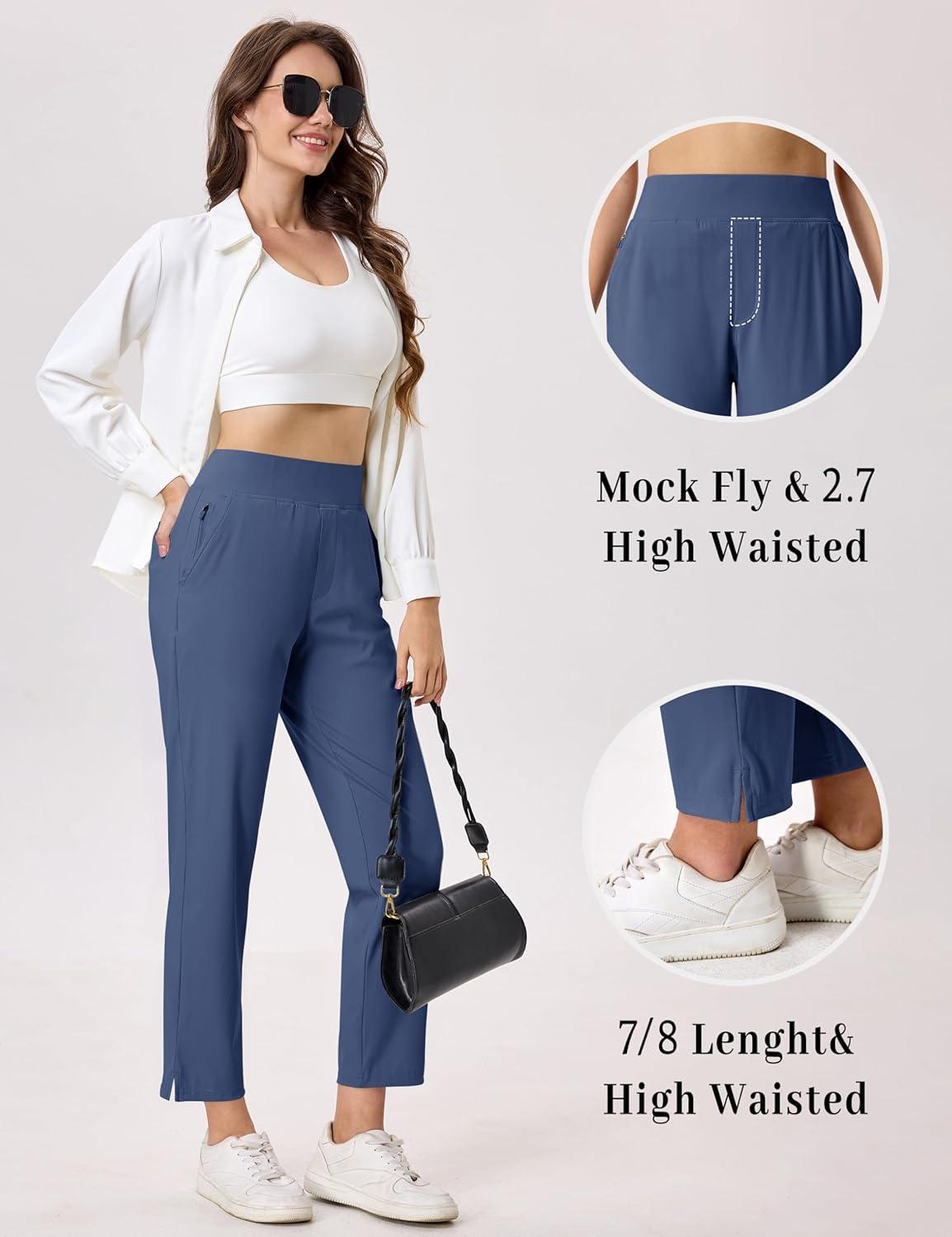 imageMAGCOMSEN Womens Golf Pants UPF 50 High Waisted Stretch 78 Ankle Dress Work Casual Slack Summer Travel Pants 5 PocketsAurora Blue