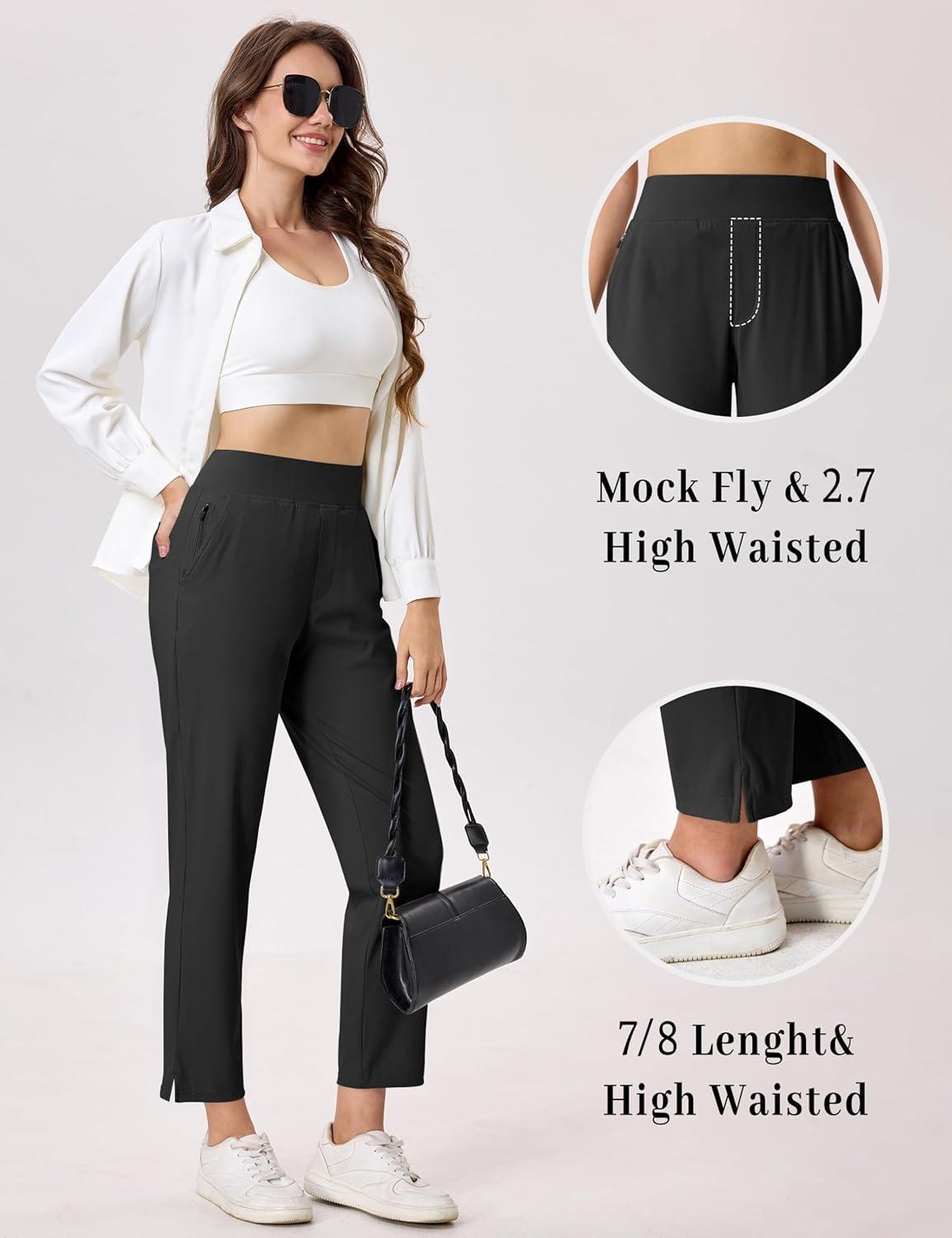 imageMAGCOMSEN Womens Golf Pants UPF 50 High Waisted Stretch 78 Ankle Dress Work Casual Slack Summer Travel Pants 5 PocketsBlack