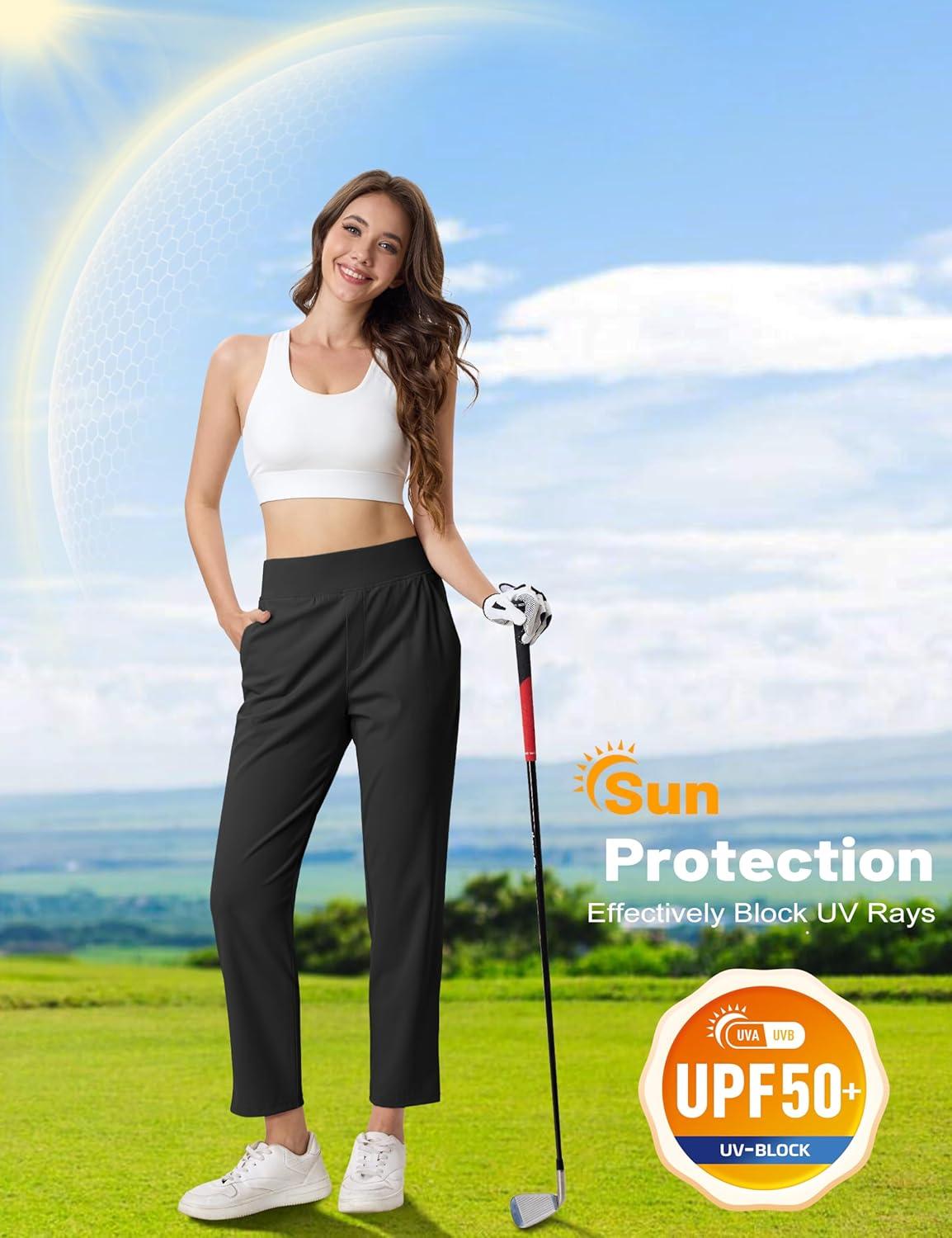 imageMAGCOMSEN Womens Golf Pants UPF 50 High Waisted Stretch 78 Ankle Dress Work Casual Slack Summer Travel Pants 5 PocketsBlack
