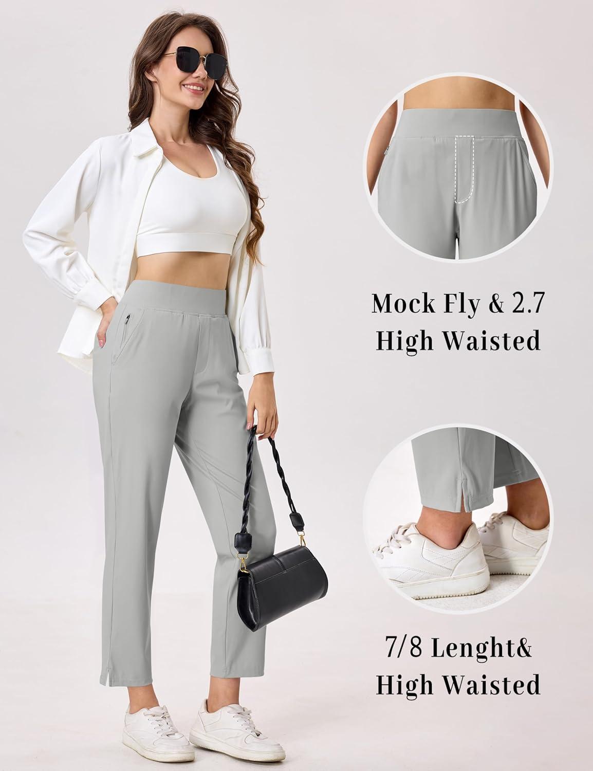 imageMAGCOMSEN Womens Golf Pants UPF 50 High Waisted Stretch 78 Ankle Dress Work Casual Slack Summer Travel Pants 5 PocketsLight Grey