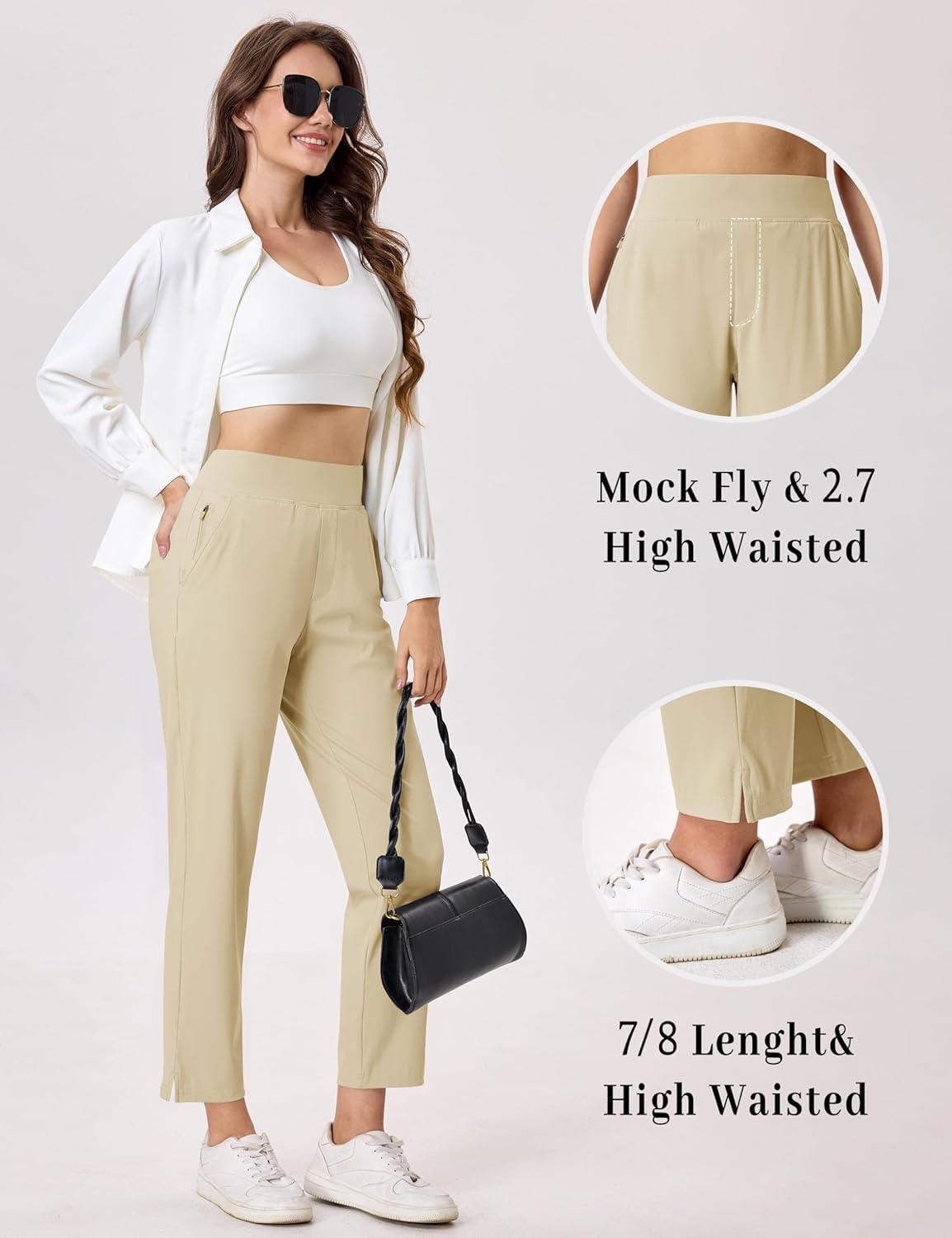 imageMAGCOMSEN Womens Golf Pants UPF 50 High Waisted Stretch 78 Ankle Dress Work Casual Slack Summer Travel Pants 5 PocketsLight Khaki