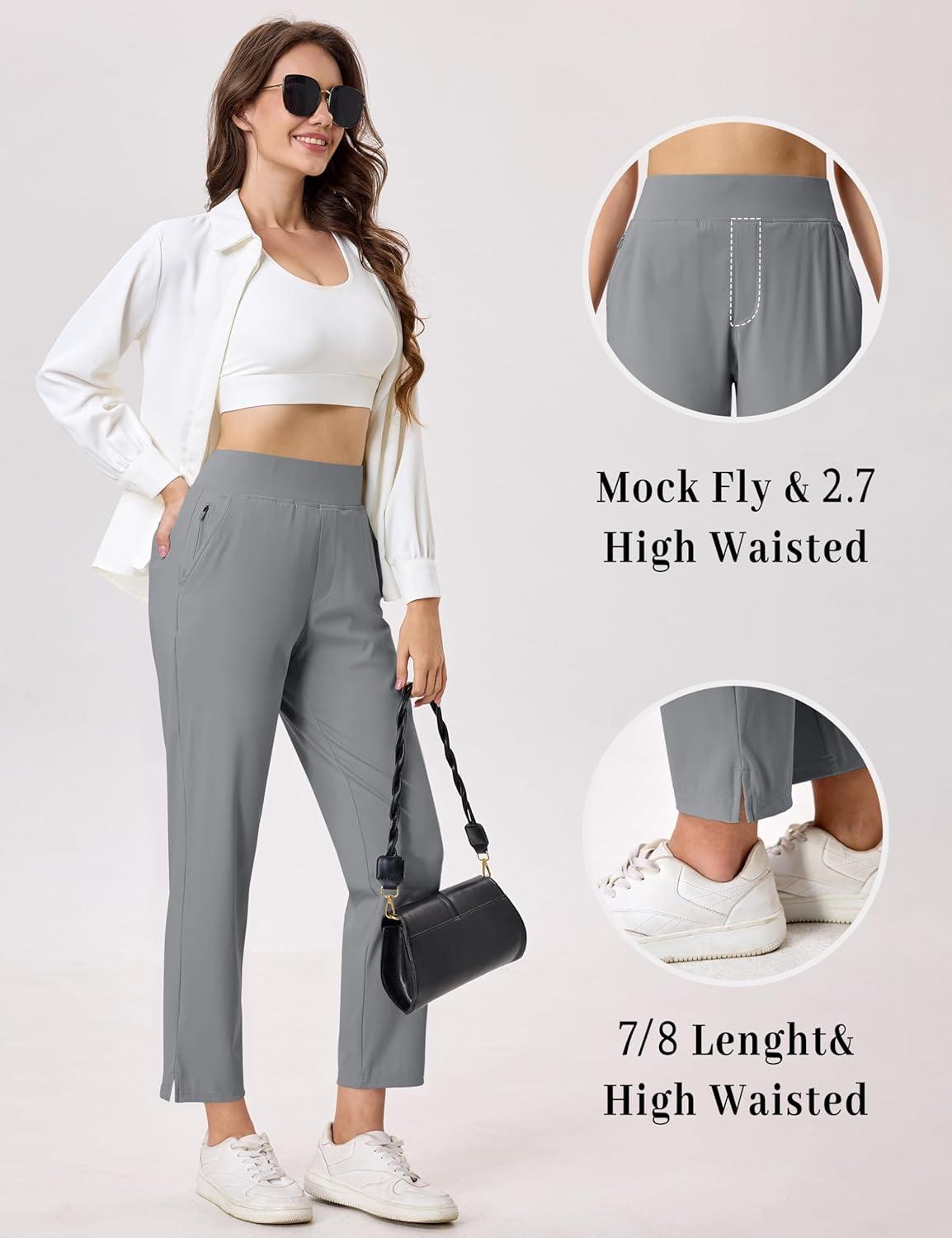 imageMAGCOMSEN Womens Golf Pants UPF 50 High Waisted Stretch 78 Ankle Dress Work Casual Slack Summer Travel Pants 5 PocketsMedium Grey