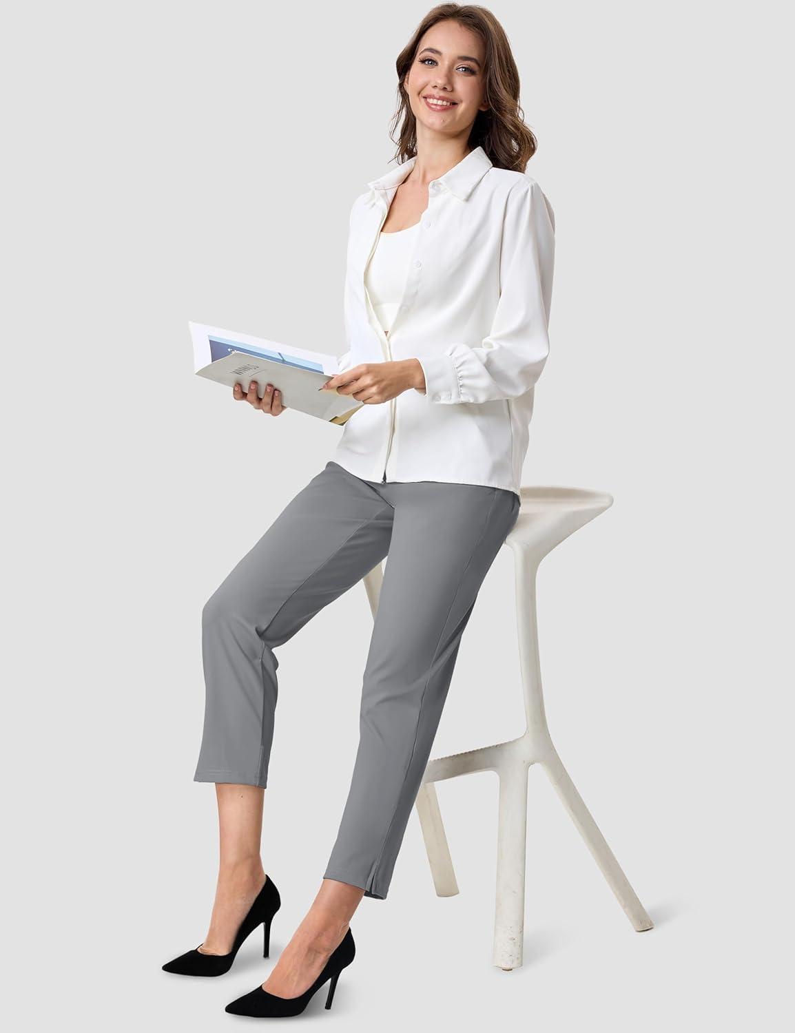 imageMAGCOMSEN Womens Golf Pants UPF 50 High Waisted Stretch 78 Ankle Dress Work Casual Slack Summer Travel Pants 5 PocketsMedium Grey