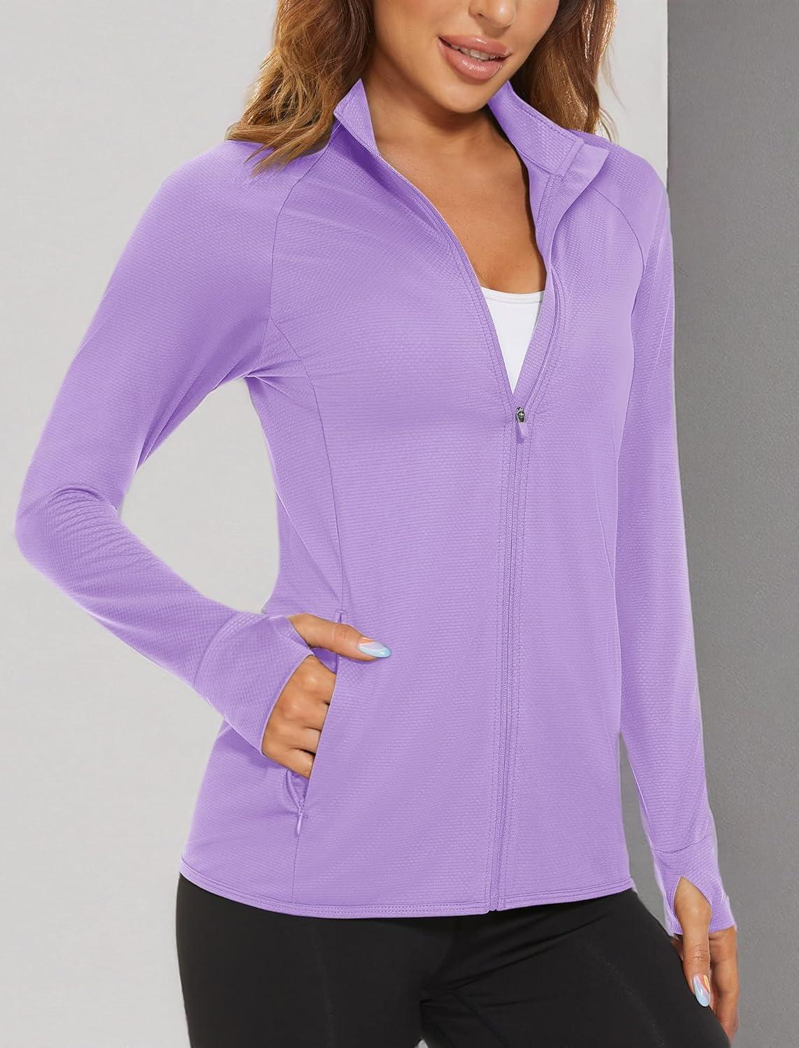 imageMAGCOMSEN Womens Hiking Jacket Lightweight Long Sleeve UPF 50 Sun Protection Shirt Breathable SPF Shirts with Thumb Holes Light Purple L