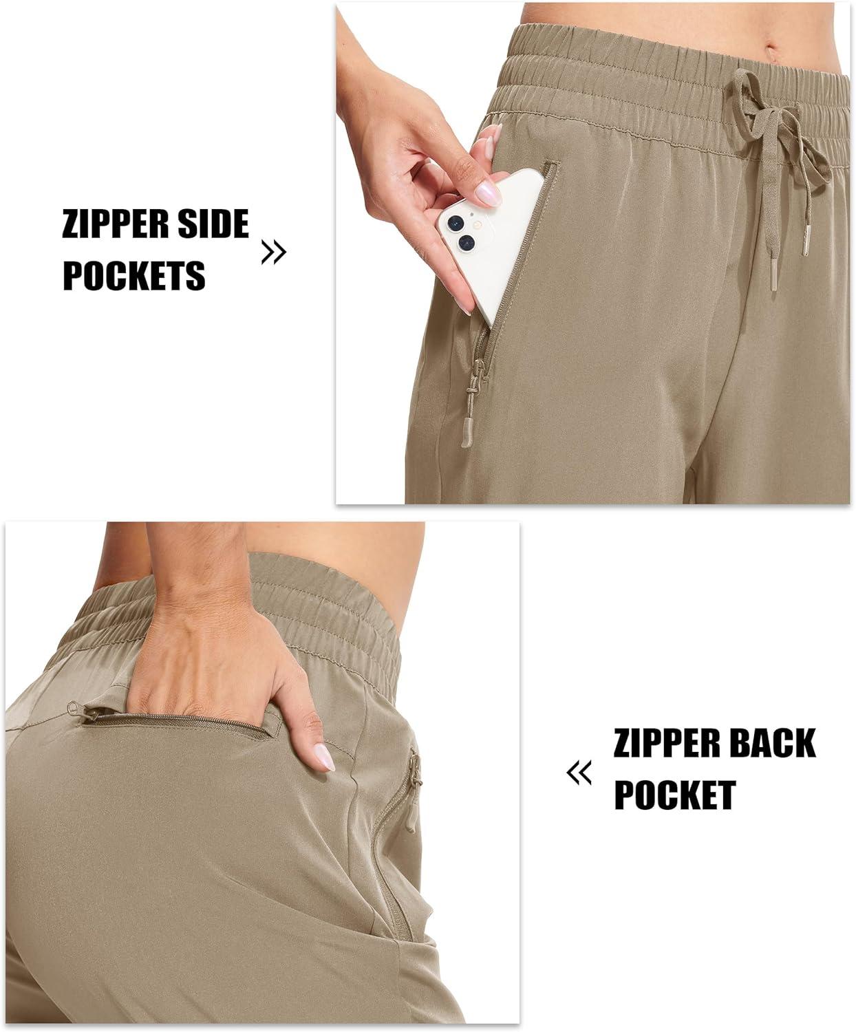 imageMAGCOMSEN Womens Hiking Pants Lightweight Quick Dry Athletic Running Joggers with Pockets Outdoor Travel SweatpantsKhaki