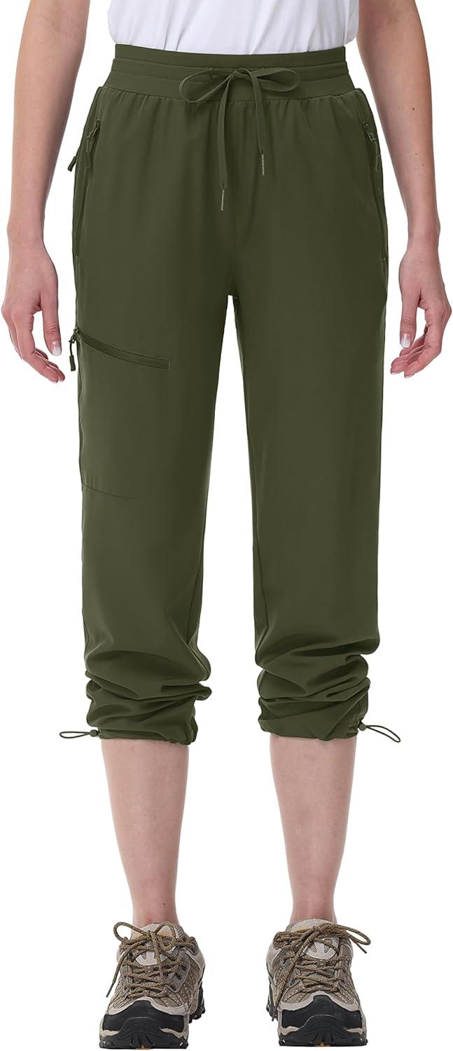 imageMAGCOMSEN Womens Hiking Pants UPF 50 Water Resistant Quick Dry Lightweight Elastic Waist Cargo Pants with 4 PocketsArmy Green