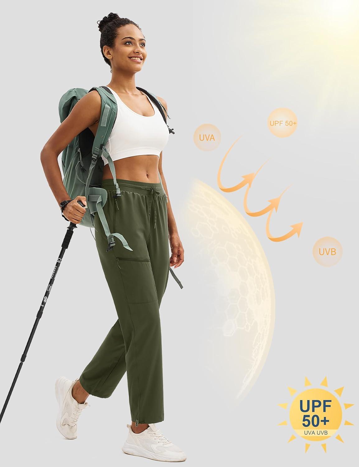 imageMAGCOMSEN Womens Hiking Pants UPF 50 Water Resistant Quick Dry Lightweight Elastic Waist Cargo Pants with 4 PocketsArmy Green