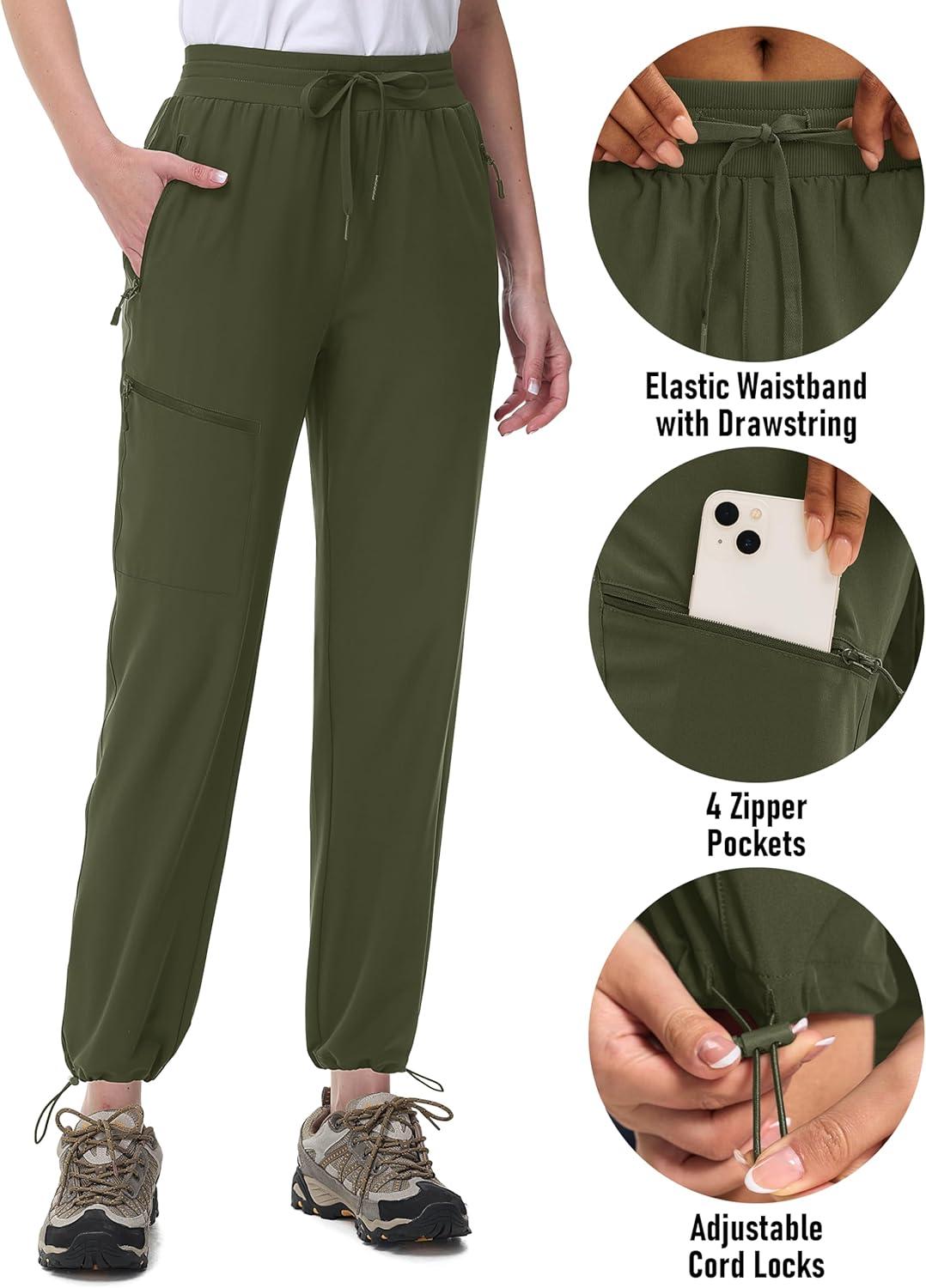 imageMAGCOMSEN Womens Hiking Pants UPF 50 Water Resistant Quick Dry Lightweight Elastic Waist Cargo Pants with 4 PocketsArmy Green