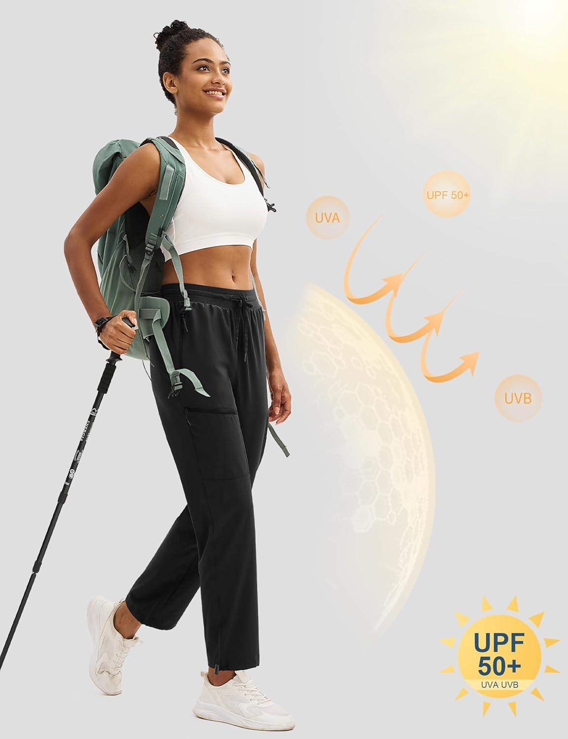 imageMAGCOMSEN Womens Hiking Pants UPF 50 Water Resistant Quick Dry Lightweight Elastic Waist Cargo Pants with 4 PocketsBlack