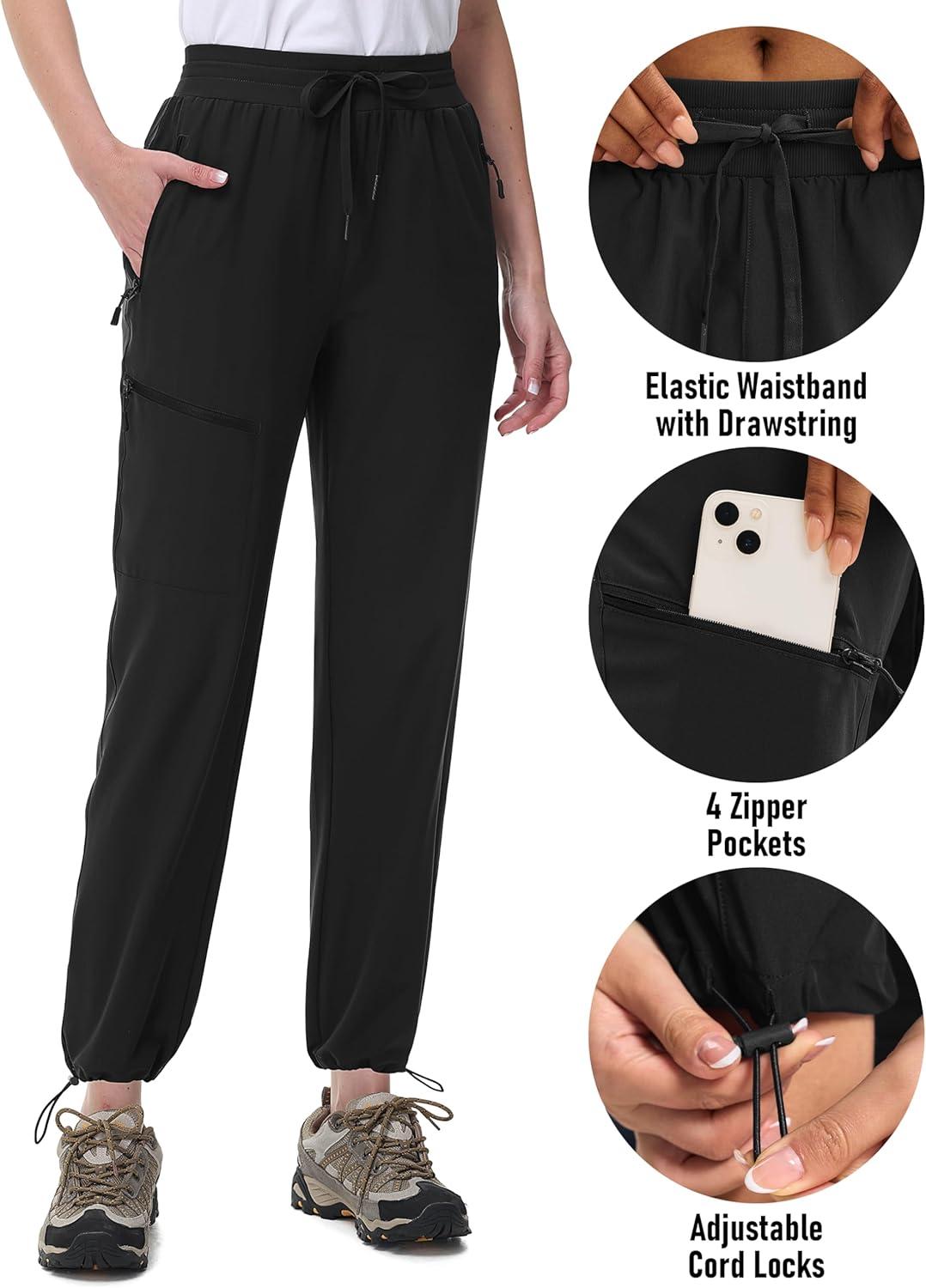 imageMAGCOMSEN Womens Hiking Pants UPF 50 Water Resistant Quick Dry Lightweight Elastic Waist Cargo Pants with 4 PocketsBlack