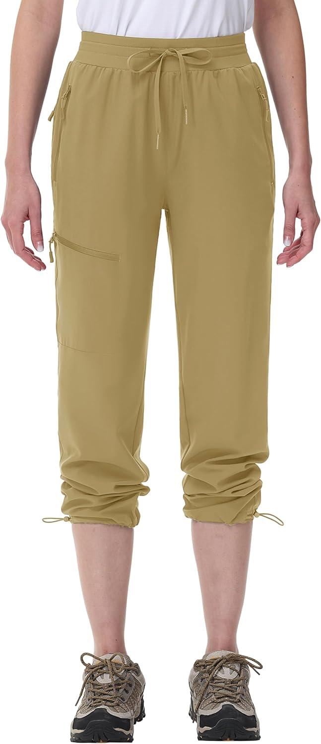 imageMAGCOMSEN Womens Hiking Pants UPF 50 Water Resistant Quick Dry Lightweight Elastic Waist Cargo Pants with 4 PocketsKhaki