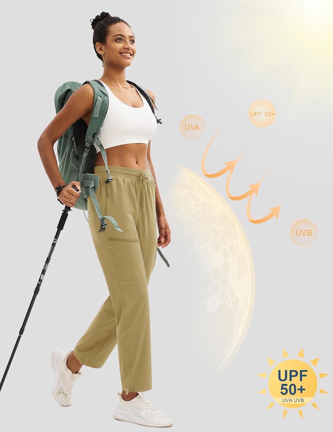 imageMAGCOMSEN Womens Hiking Pants UPF 50 Water Resistant Quick Dry Lightweight Elastic Waist Cargo Pants with 4 PocketsKhaki