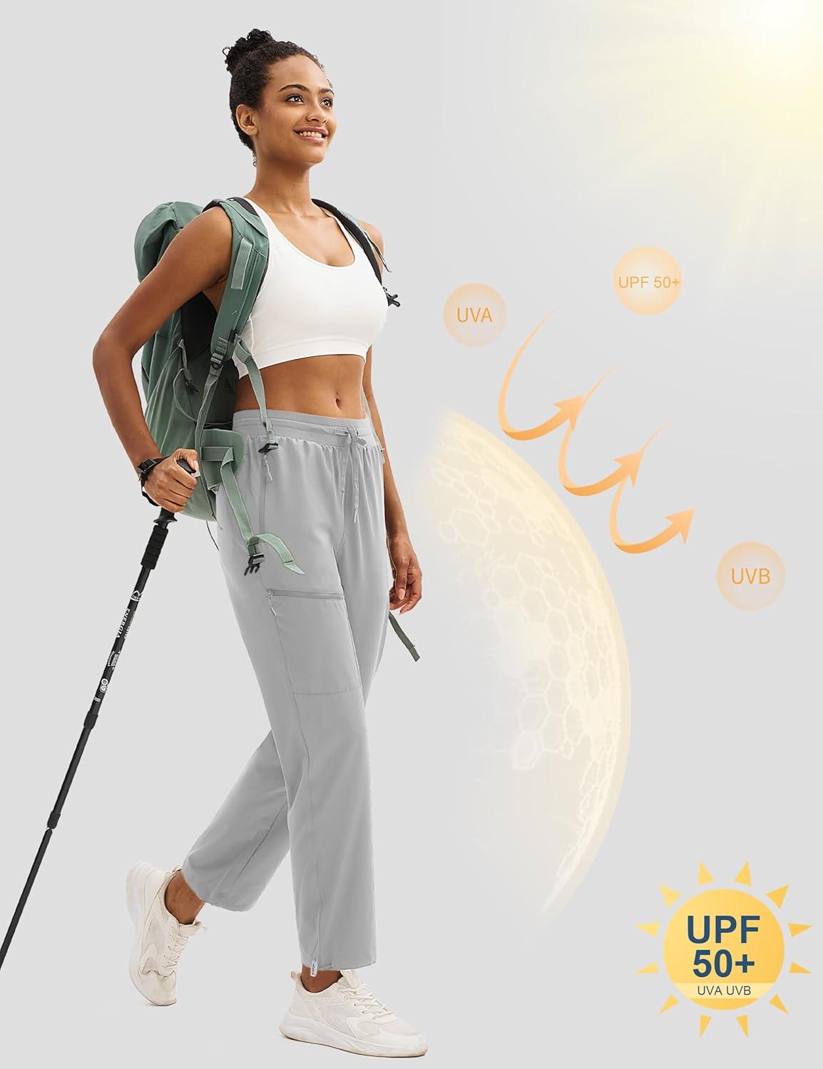 imageMAGCOMSEN Womens Hiking Pants UPF 50 Water Resistant Quick Dry Lightweight Elastic Waist Cargo Pants with 4 PocketsLight Grey