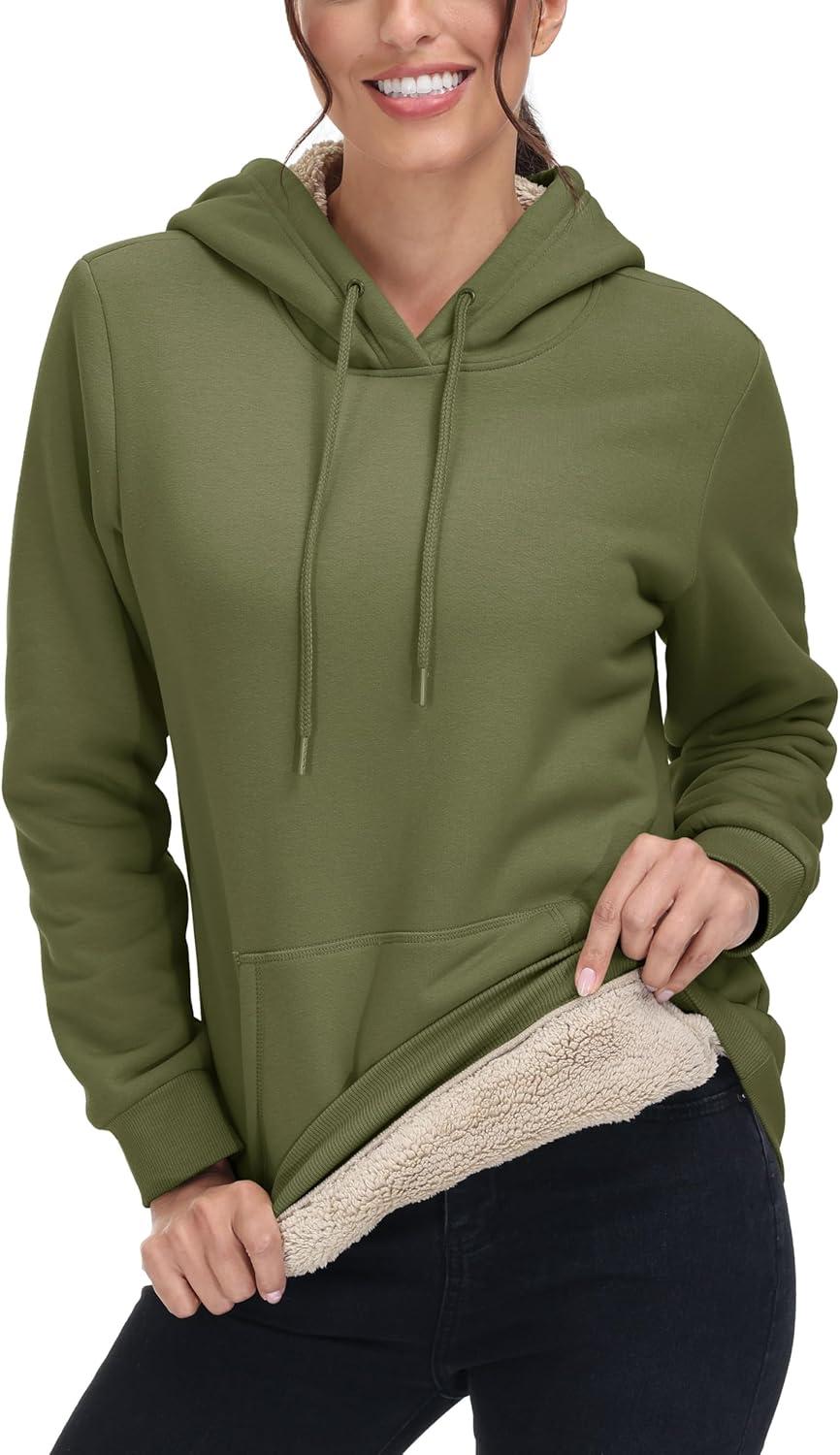 imageMAGCOMSEN Womens Hoodies Thick Fleece Lined Hooded Sweatshirt Warm Sherpa Lined Heavyweight Pullover with PocketArmy Green