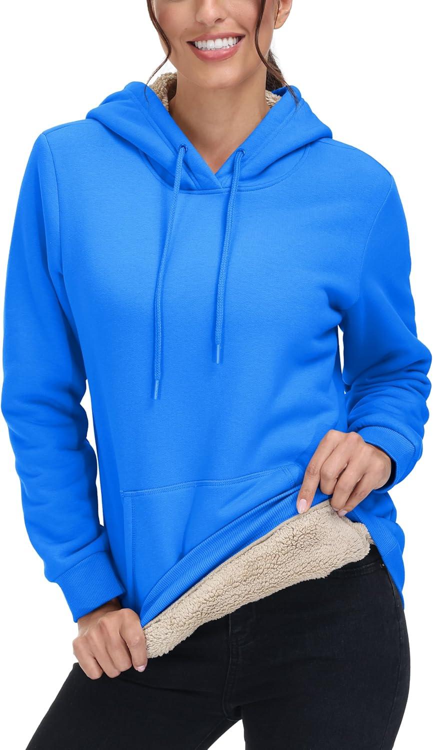 imageMAGCOMSEN Womens Hoodies Thick Fleece Lined Hooded Sweatshirt Warm Sherpa Lined Heavyweight Pullover with PocketAzure