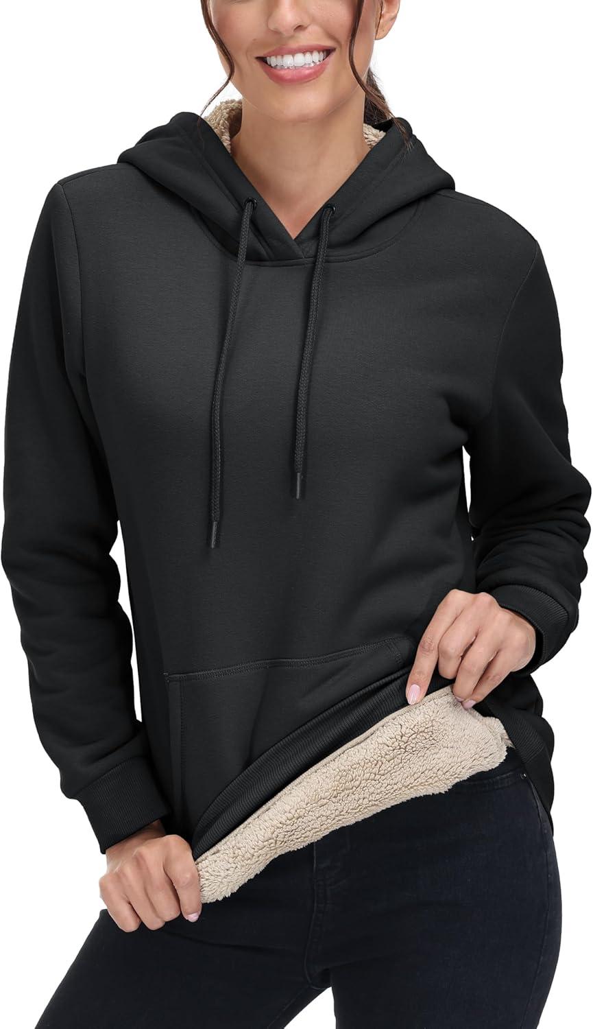 imageMAGCOMSEN Womens Hoodies Thick Fleece Lined Hooded Sweatshirt Warm Sherpa Lined Heavyweight Pullover with PocketBlack