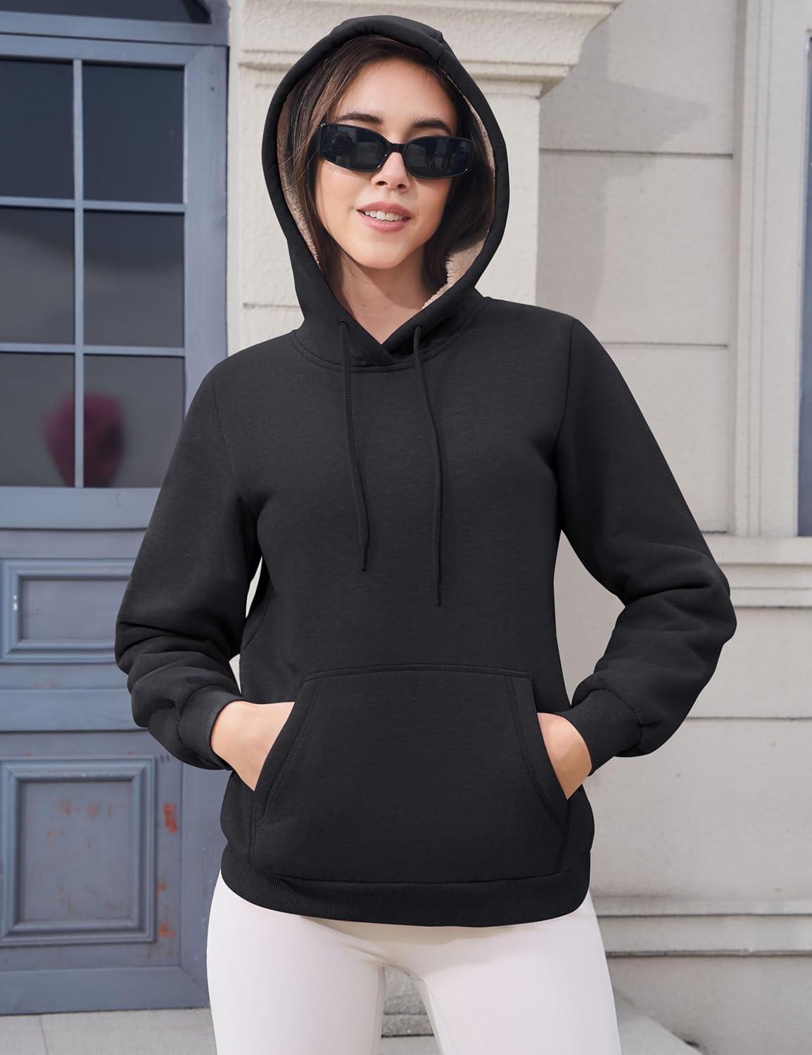 imageMAGCOMSEN Womens Hoodies Thick Fleece Lined Hooded Sweatshirt Warm Sherpa Lined Heavyweight Pullover with PocketBlack