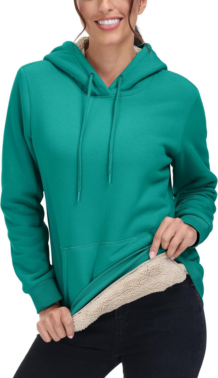imageMAGCOMSEN Womens Hoodies Thick Fleece Lined Hooded Sweatshirt Warm Sherpa Lined Heavyweight Pullover with PocketEmerald Green