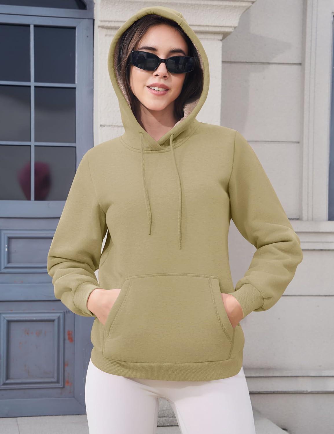 imageMAGCOMSEN Womens Hoodies Thick Fleece Lined Hooded Sweatshirt Warm Sherpa Lined Heavyweight Pullover with PocketKhaki