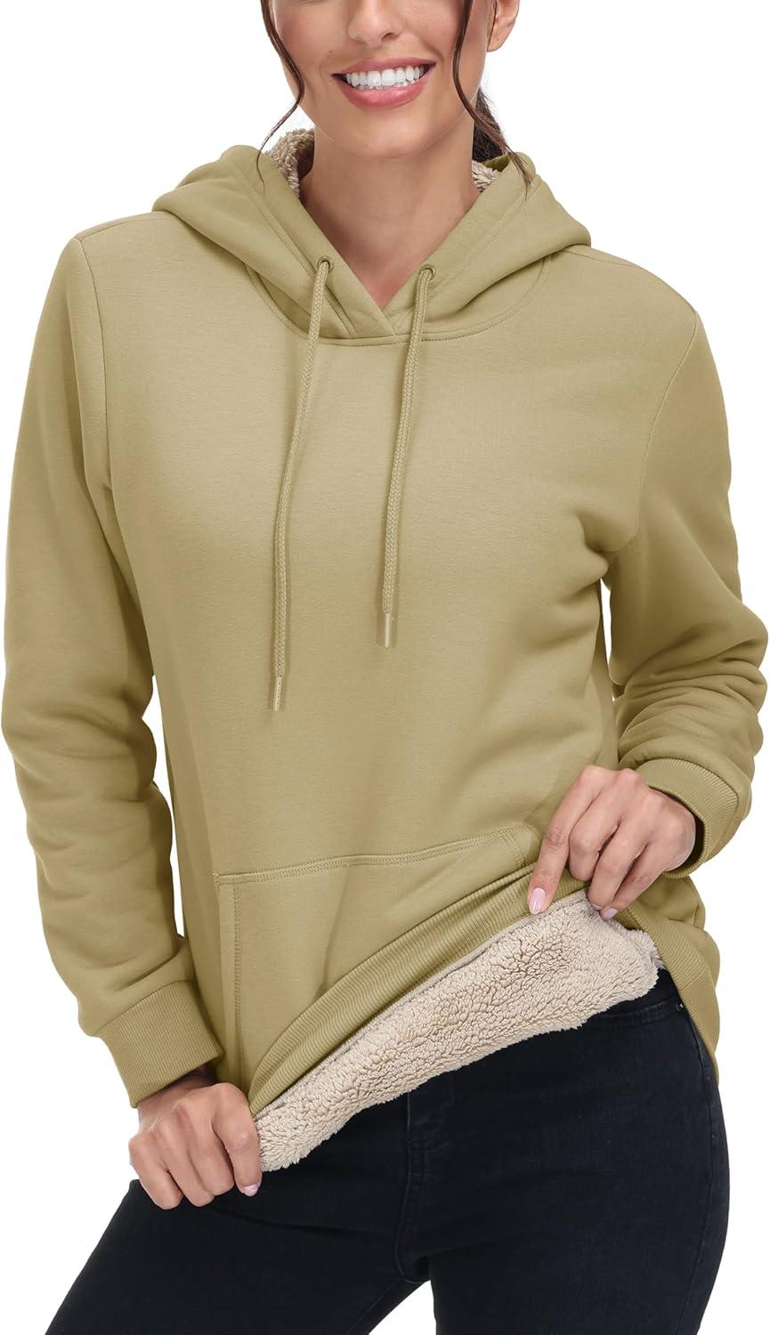imageMAGCOMSEN Womens Hoodies Thick Fleece Lined Hooded Sweatshirt Warm Sherpa Lined Heavyweight Pullover with PocketKhaki