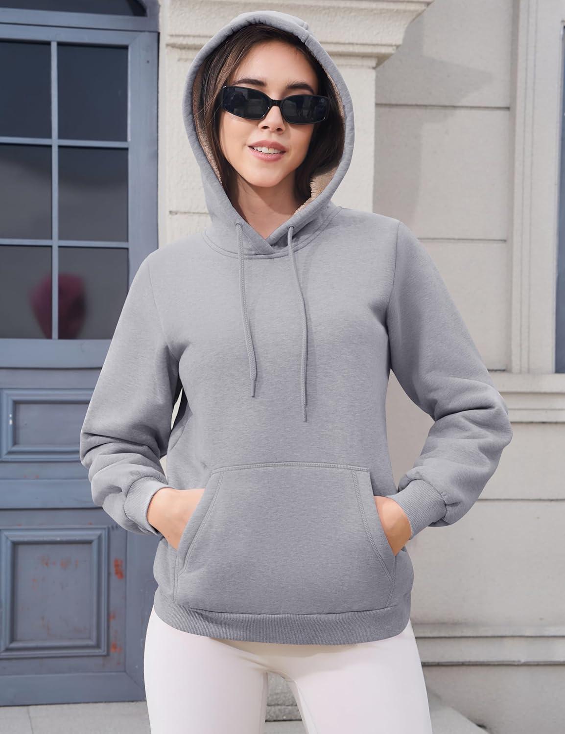 imageMAGCOMSEN Womens Hoodies Thick Fleece Lined Hooded Sweatshirt Warm Sherpa Lined Heavyweight Pullover with PocketLight Grey
