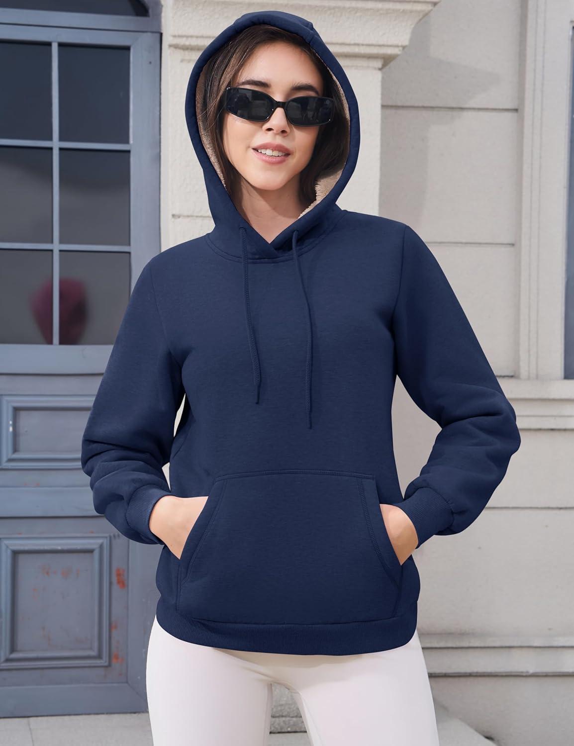 imageMAGCOMSEN Womens Hoodies Thick Fleece Lined Hooded Sweatshirt Warm Sherpa Lined Heavyweight Pullover with PocketNavy